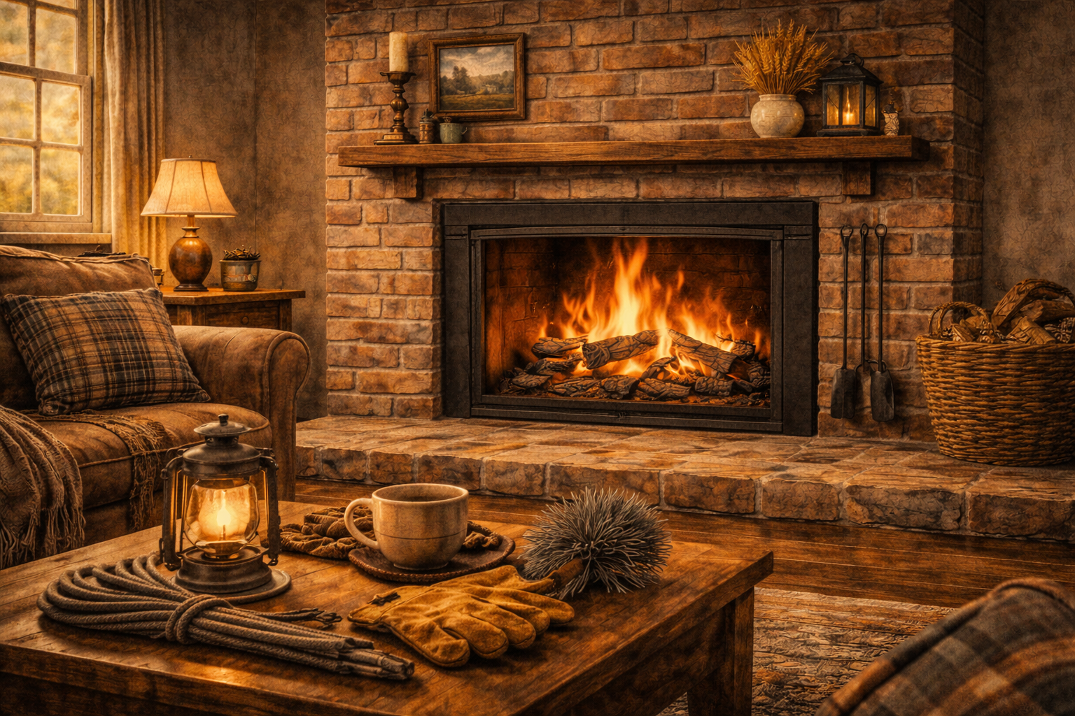 Cozy living room with a brick fireplace, lit with a roaring fire, surrounded by rustic decor including woven baskets, a plaid pillow, a lantern on the coffee table, a mug, and warm lighting.
