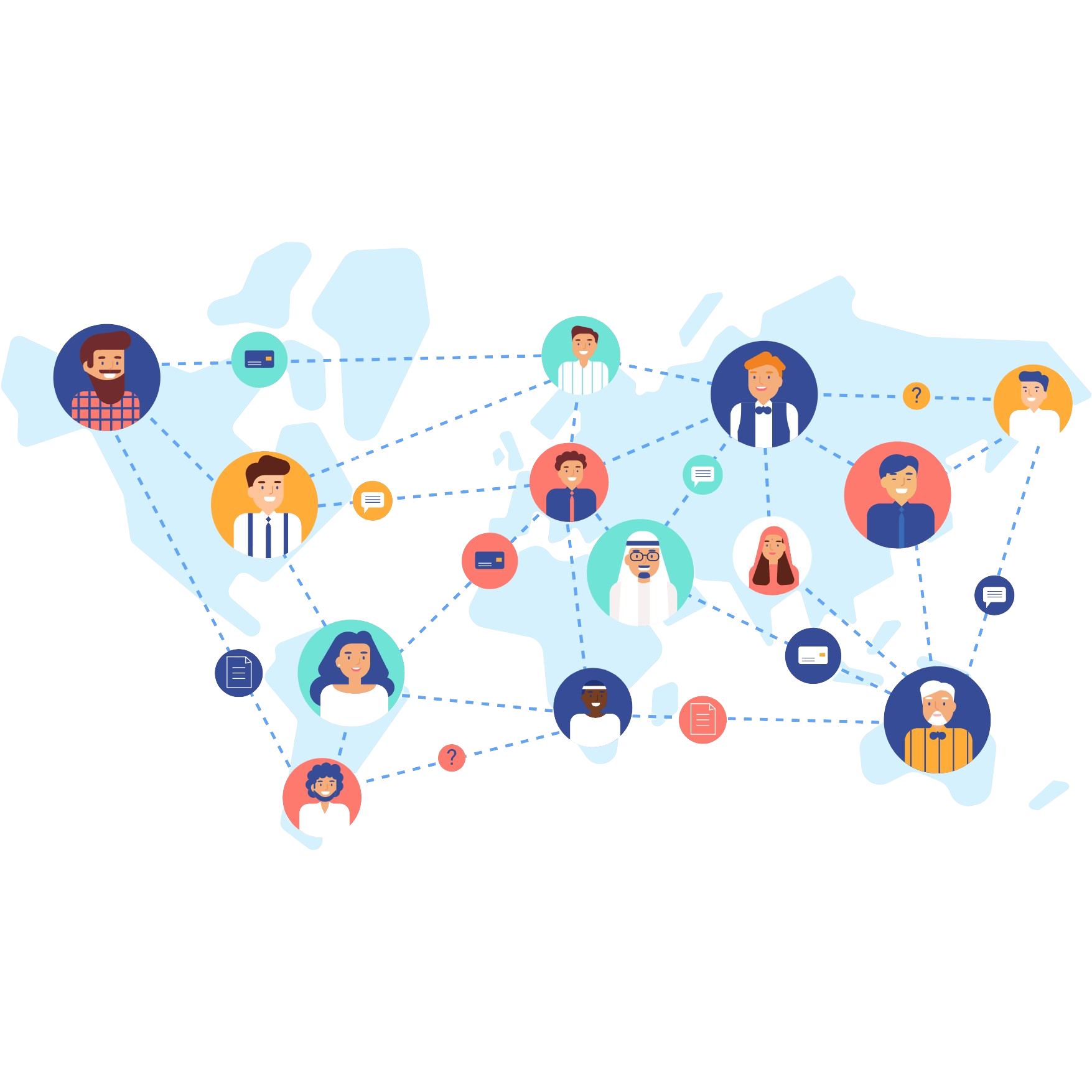 Map of the United States with illustrations of diverse people connected by lines, symbolizing communication and networking.