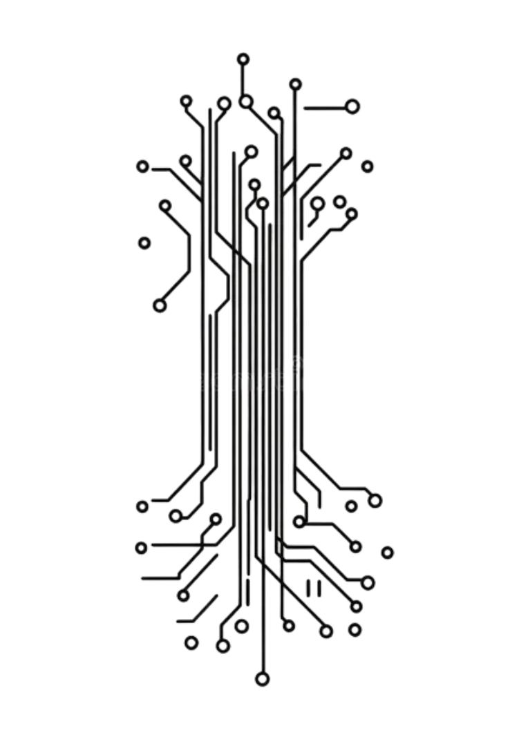 Digital illustration of a tree made up of black circuit lines and nodes, resembling a technology-inspired design.