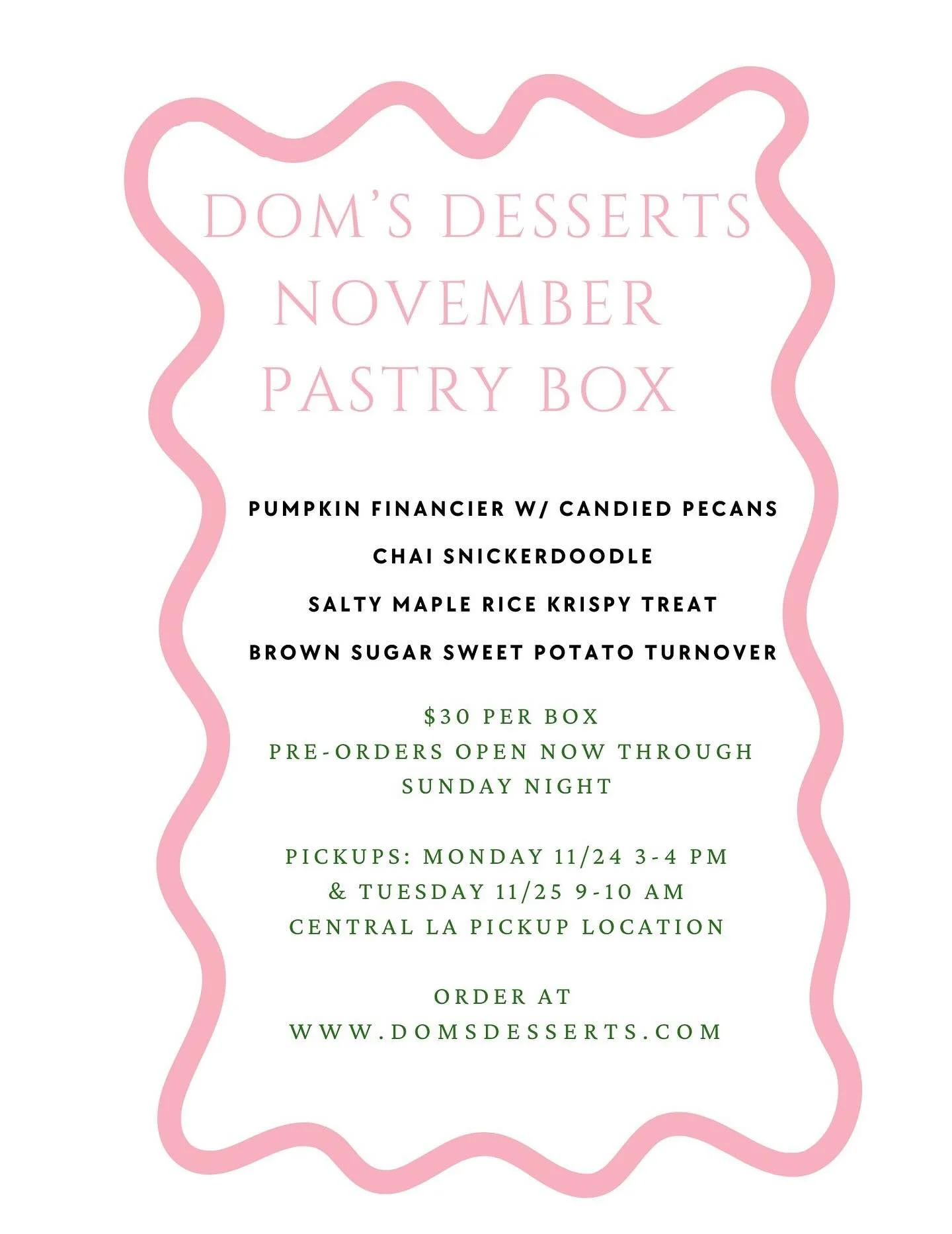 Hey Los Angeles - come &amp; get the first ever Dom&rsquo;s Desserts Pastry Box next week!
 Handcrafted treats inspired by autumn &amp; just in time for Thanksgiving 🍁

Perfect for hosting, gifting, treating yourself, or bringing something special t