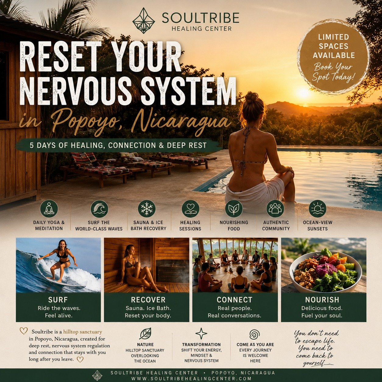 Feeling burned out, disconnected, or overwhelmed?

Spend 5 transformational days in Nicaragua designed to calm your nervous system, reconnect you with yourself, and leave you feeling clear, energized, and supported.

Book your spot on our website
sou