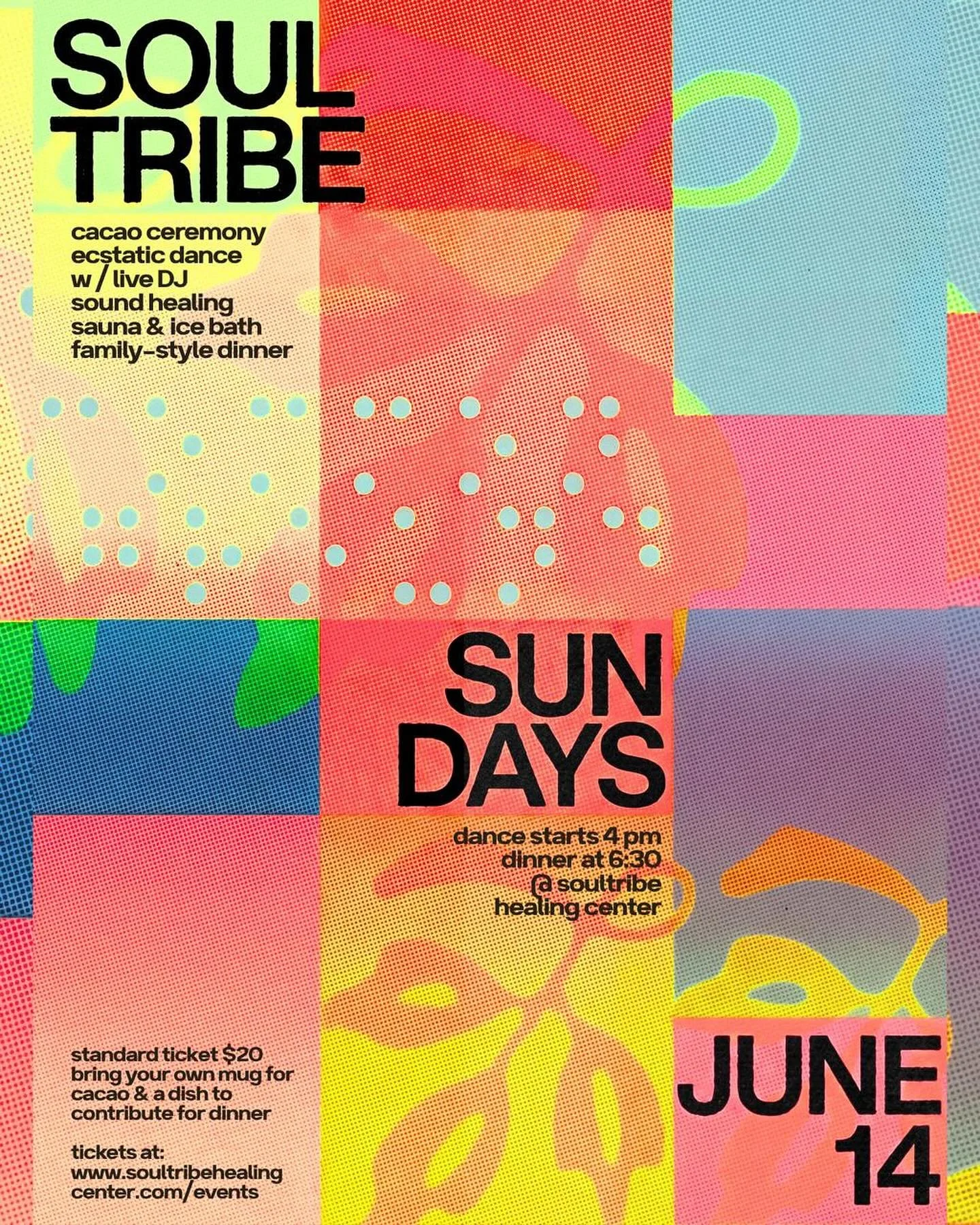 🌞 SOULTRIBE SUNDAY COMMUNITY GATHERING 🌞

Join us on June 14th for an afternoon and evening of movement, connection, healing, and community.

Together we&rsquo;ll gather for:

✨ Cacao Ceremony
✨ Ecstatic Dance with a Live DJ
✨ Sound Healing Journey