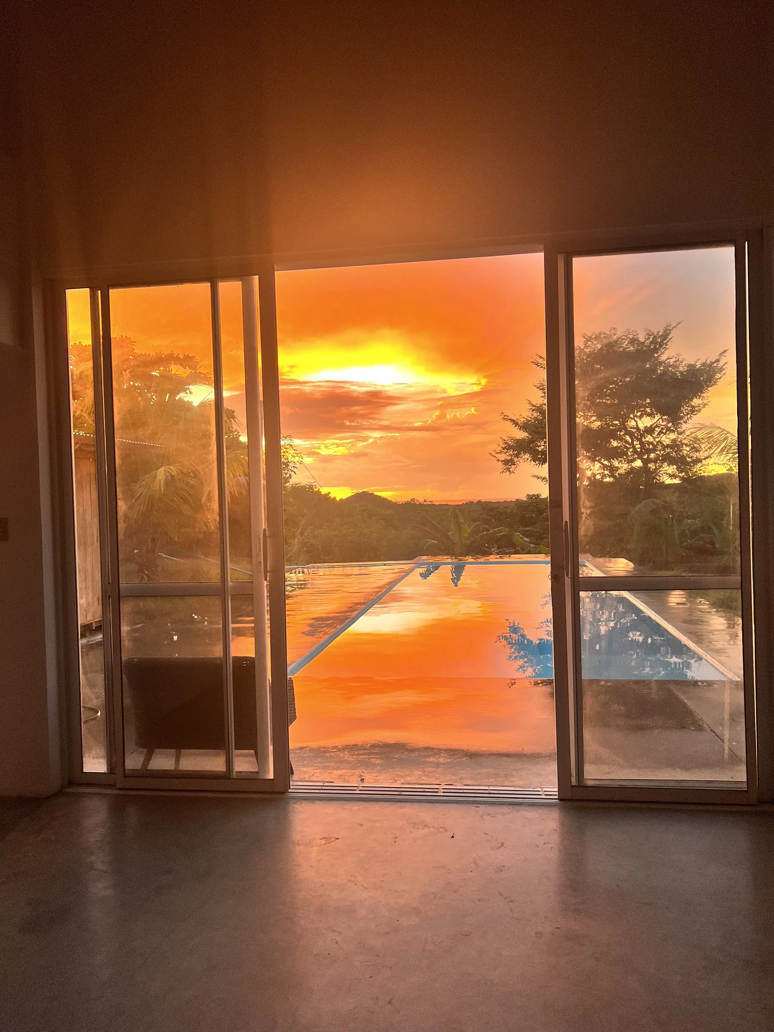Sunset view through glass sliding doors showing trees and sky reflected on swimming pool