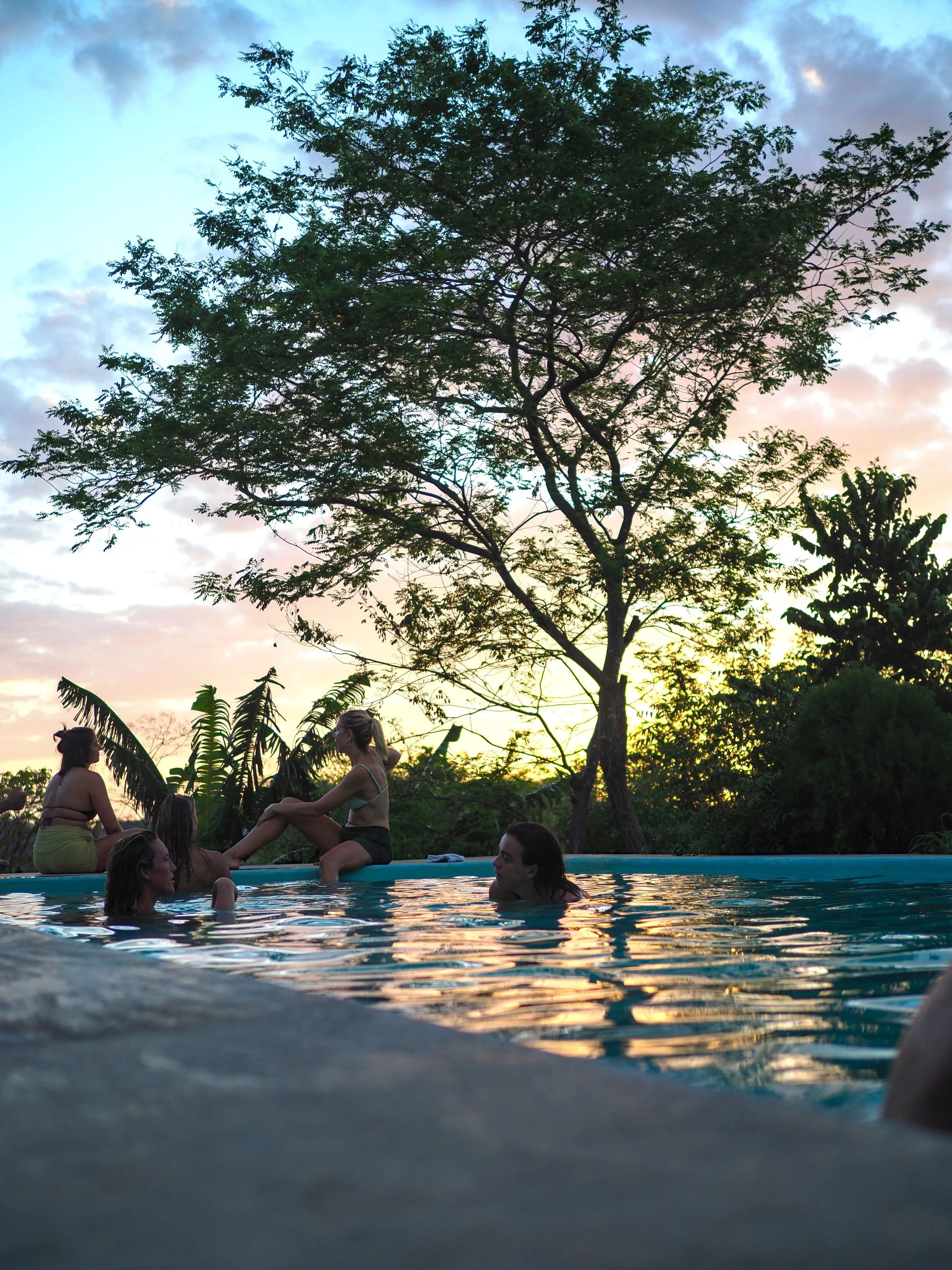 People swimming and relaxing in an outdoor pool during sunset, with trees and clouds in the background.