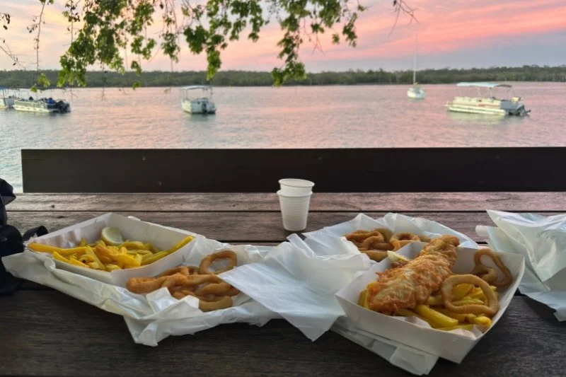 fish and chips at sunset
