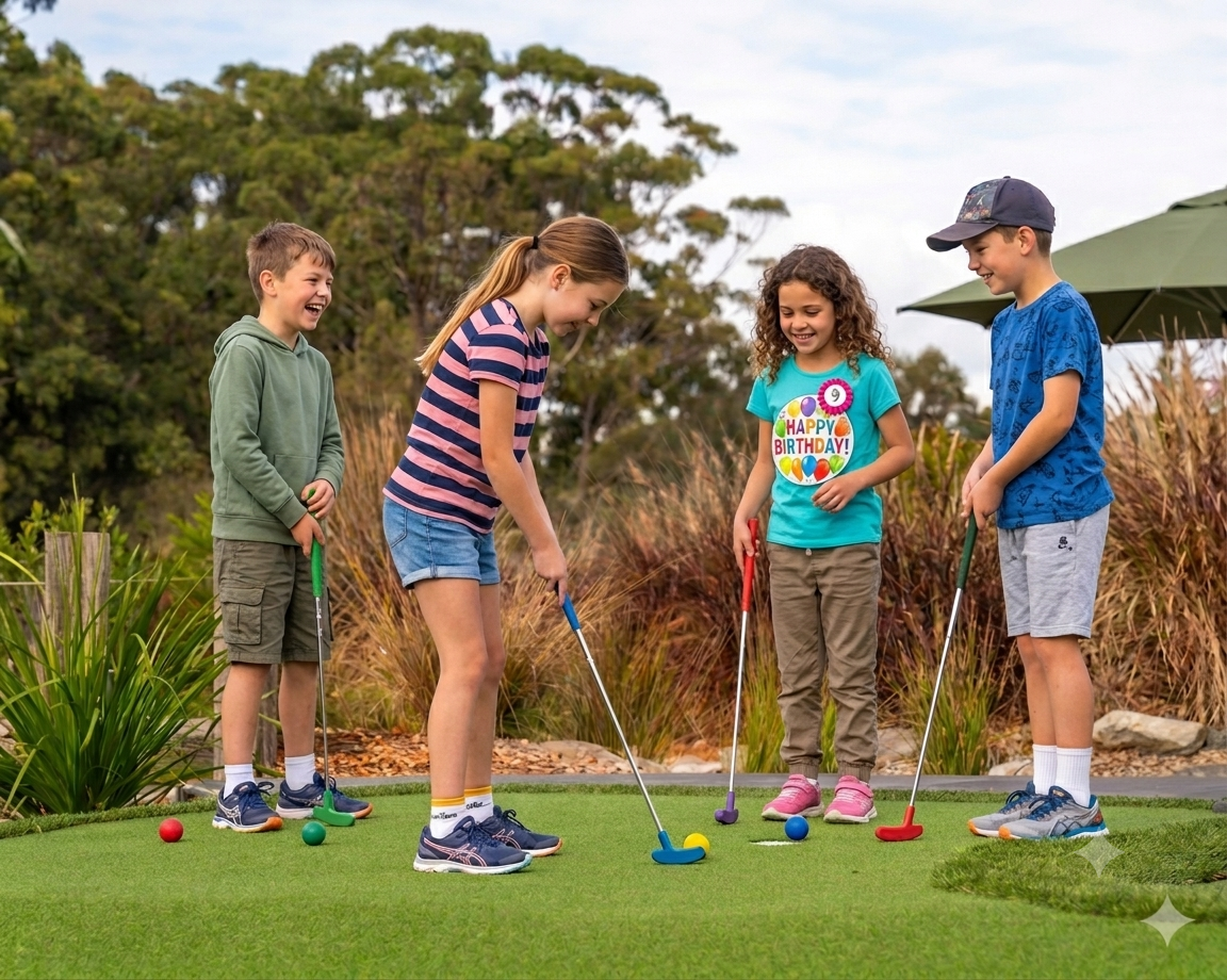 Four children playing mini-golf outdoors on a grassy course, with trees in the background and one child wearing a birthday badge.