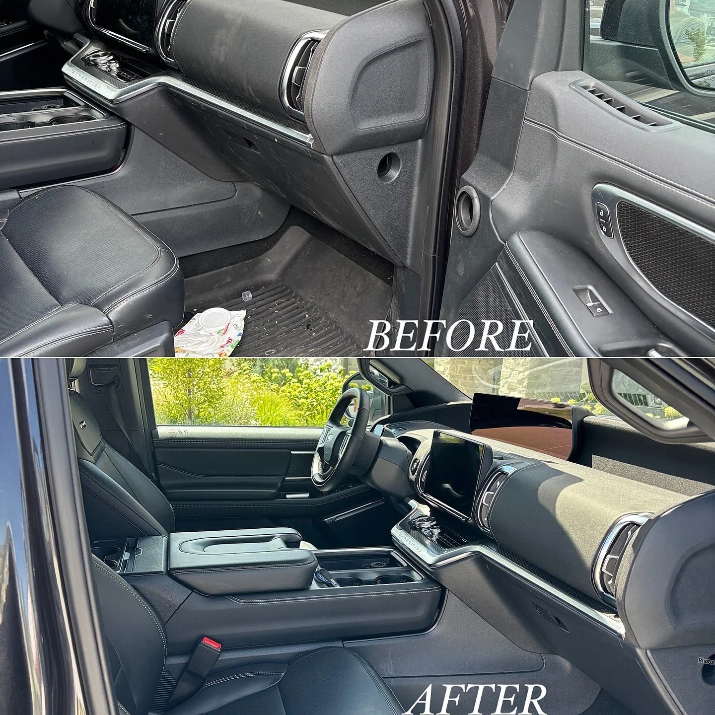 Comparison of a vehicle interior before and after cleaning; the before image shows a dusty dashboard, cluttered floor with trash, and unclean surfaces, while the after image features a clean, organized, and detailed interior with polished surfaces an