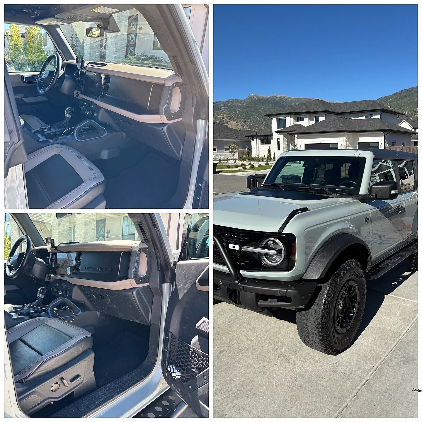 Collage of a white off-road vehicle with a rugged design, featuring a black roof, large tires, and black side mirrors, parked in a residential area with mountains in the background. The interior images show black seats with gray accents and a dashboa
