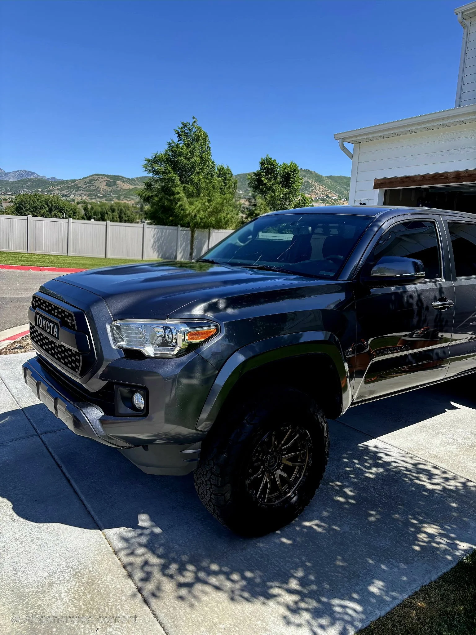 A black Toyota pickup truck parked on a driveway with mountain scenery and trees in the background.