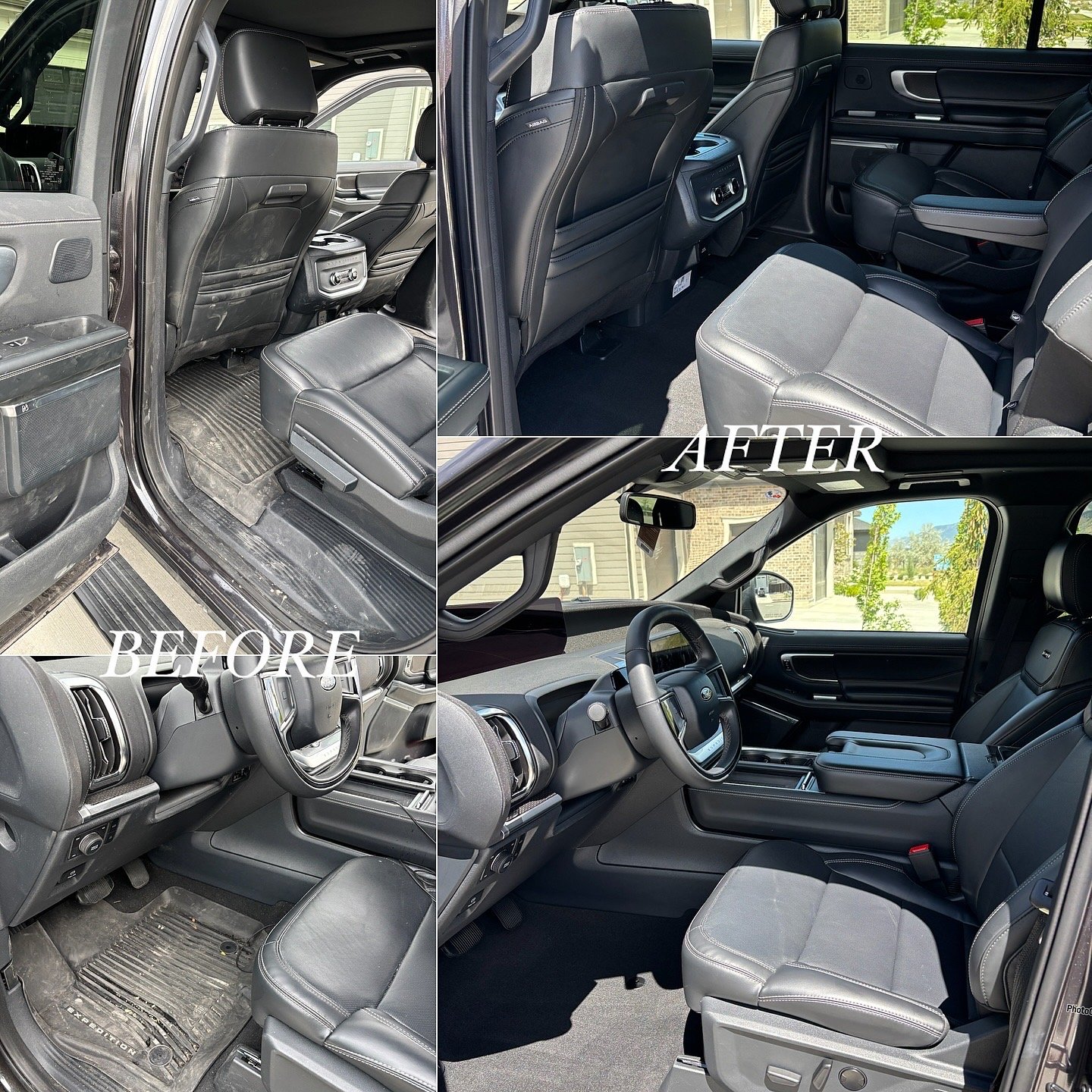 Comparison of vehicle interiors before and after cleaning and detailing. The 'Before' images show dirty, dusty floors and worn seats, while the 'After' images reveal clean, vacuumed floors and polished seats, highlighting the interior transformation.