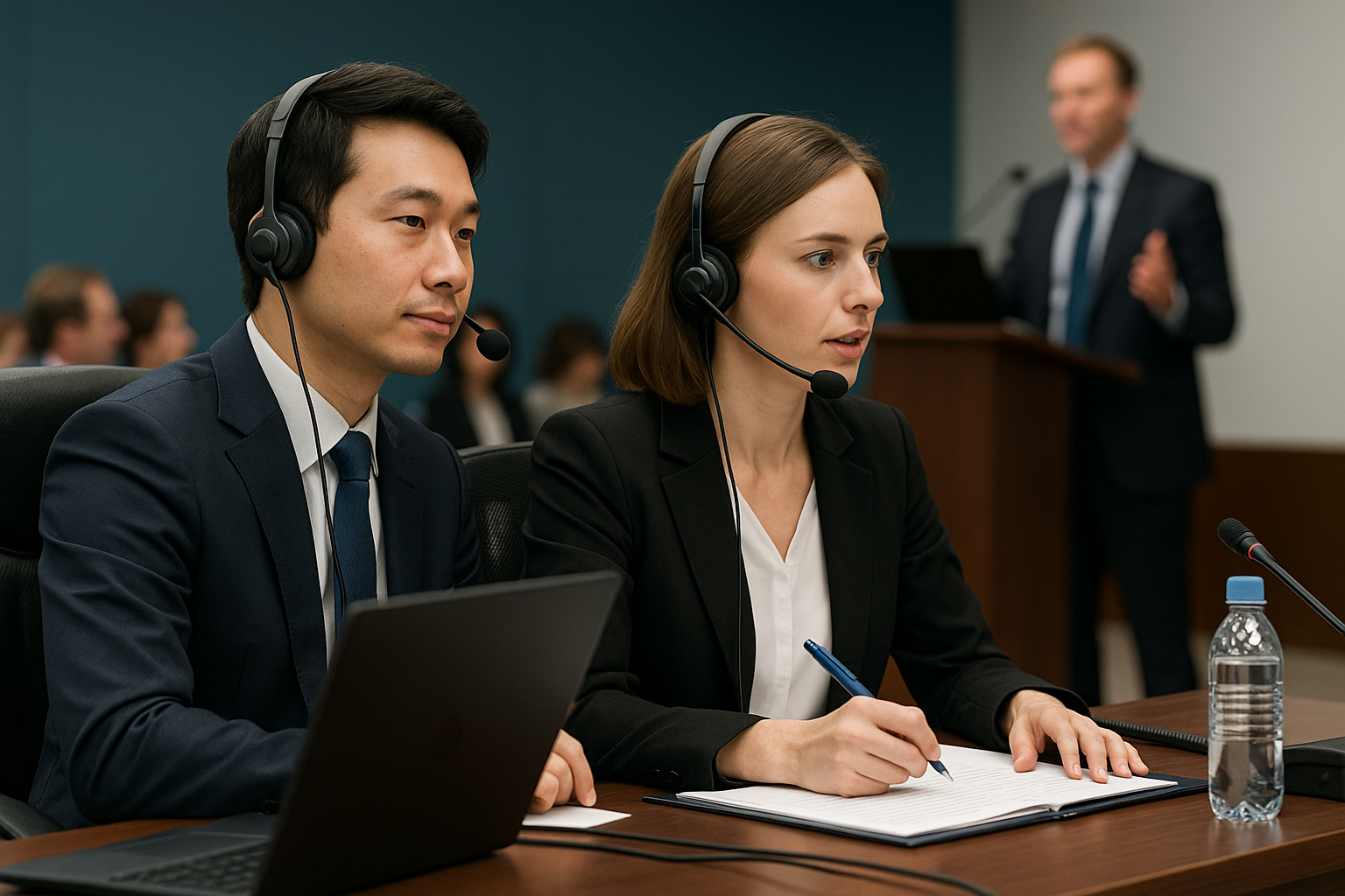 Why do conference interpreters work in pairs?