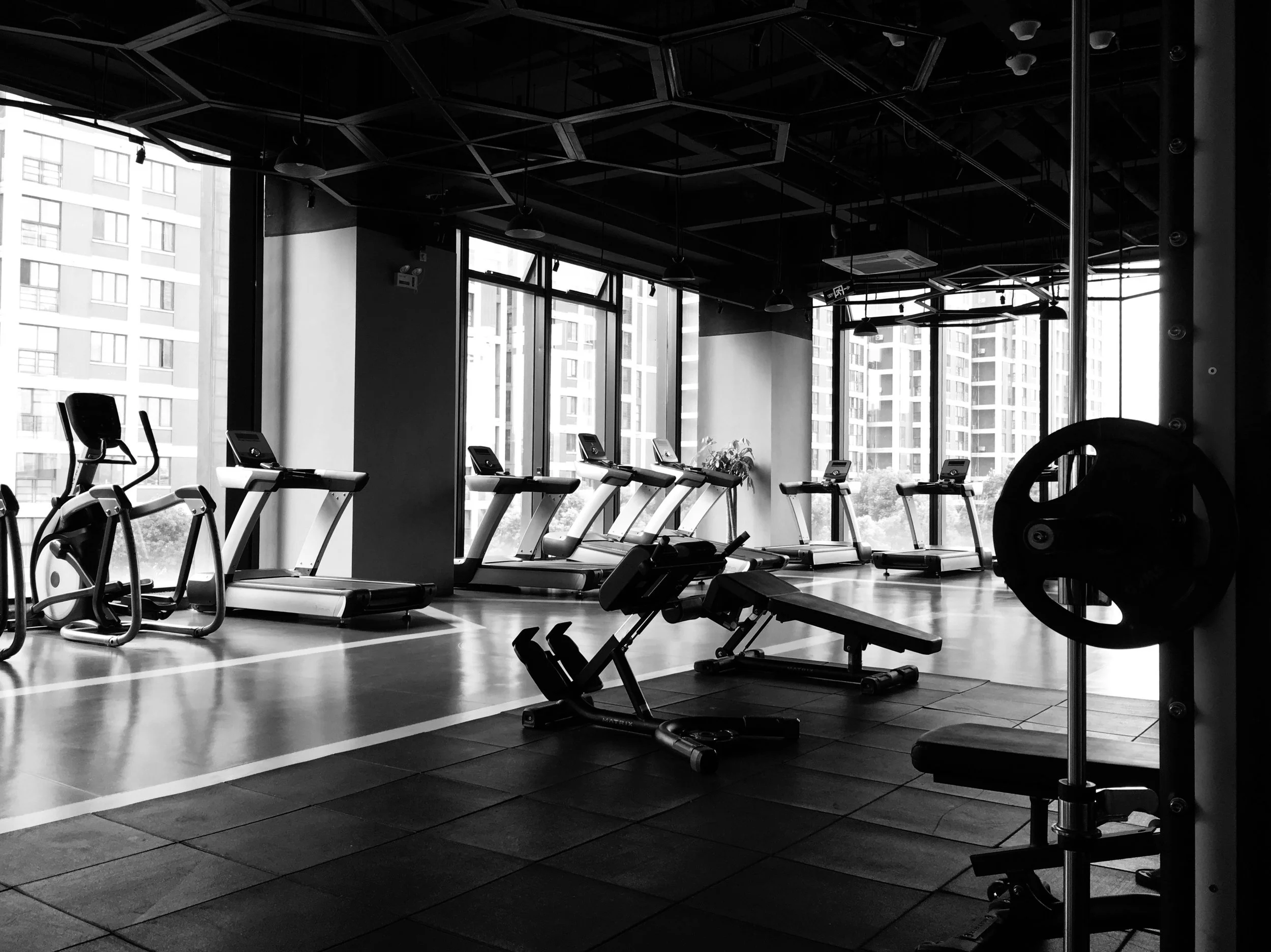 Empty gym with treadmills, elliptical machines, and weightlifting equipment, large windows showing city buildings.
