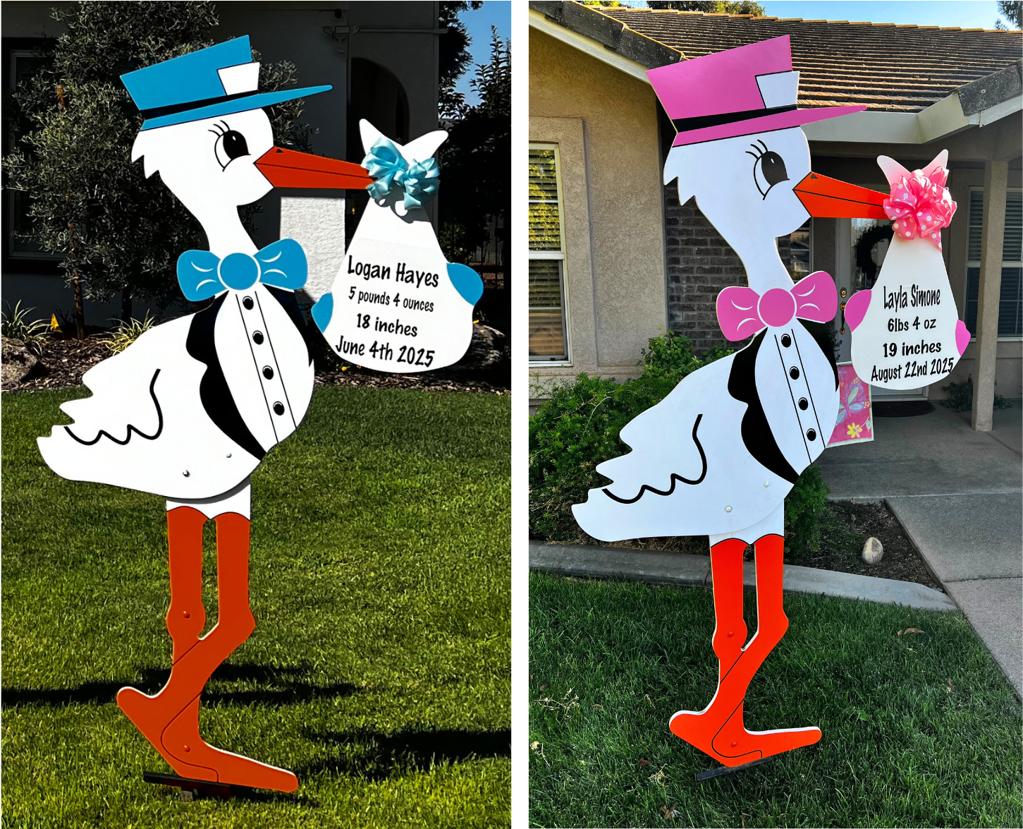 Decorative outdoor signs of a cartoon-style stork holding a baby bundle, with birth details written on it, including name, weight, height, and date of birth. The signs are topped with a bow and a hat, and are designed with bright colors, placed on lawns in front of houses.
