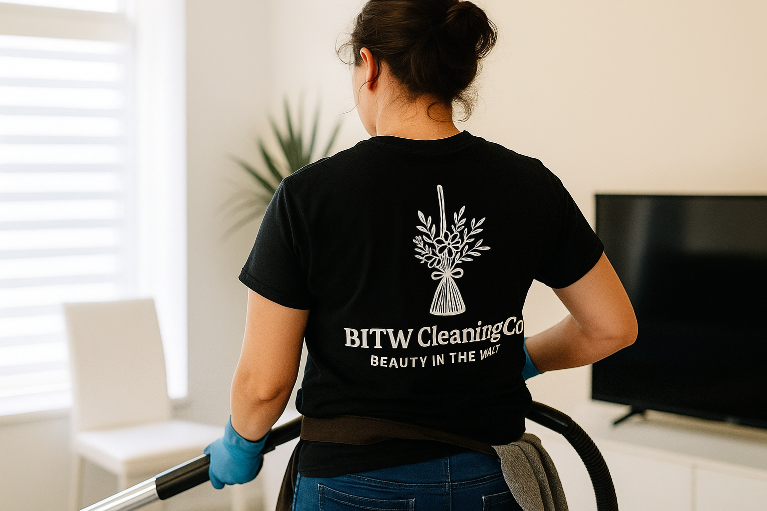 A woman cleaning a living room with a vacuum cleaner, wearing a black T-shirt with white logo and text, and blue gloves.