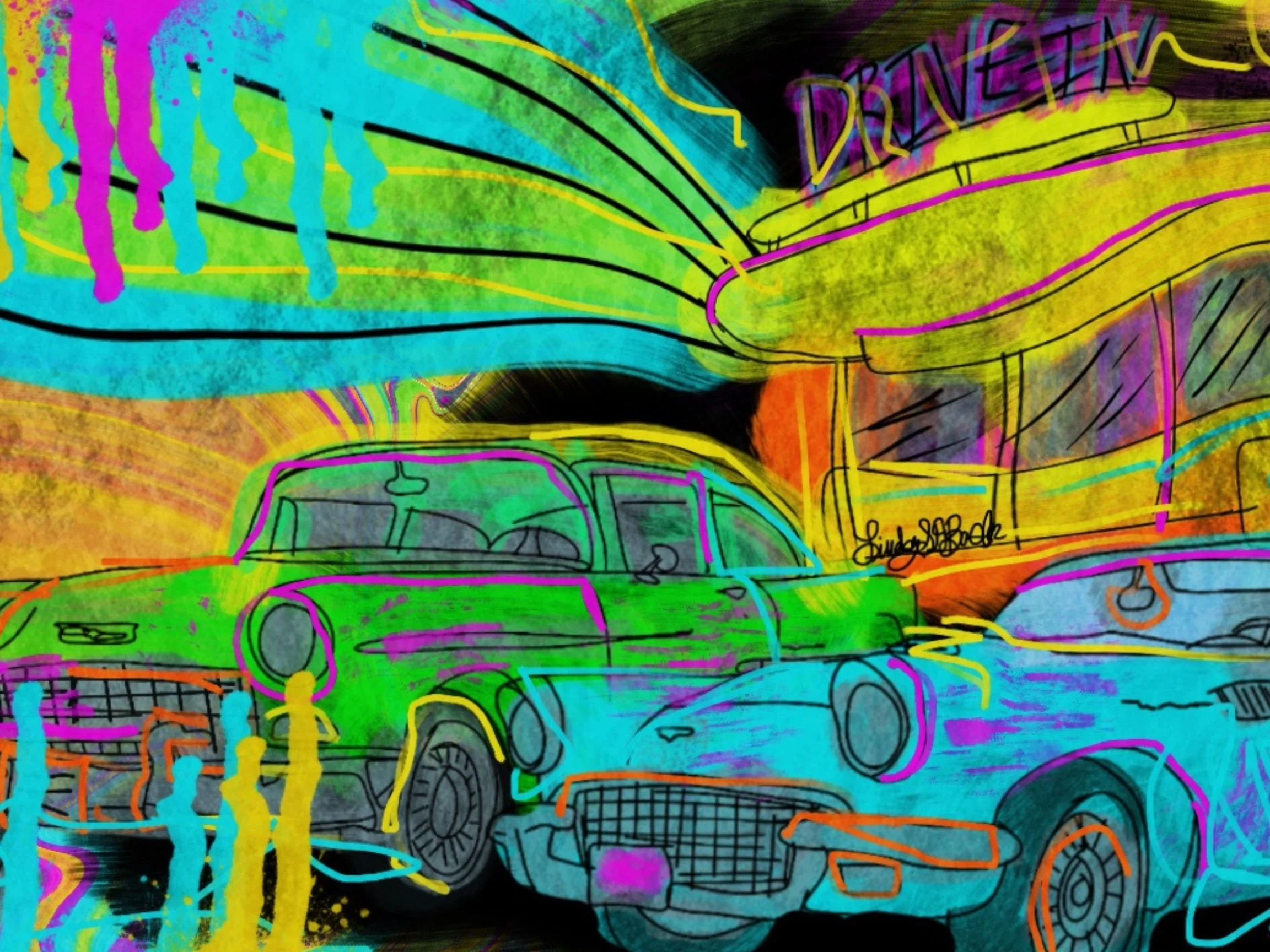 Colorful abstract graffiti with a green car, yellow lines, and purple, pink, blue, and orange accents.