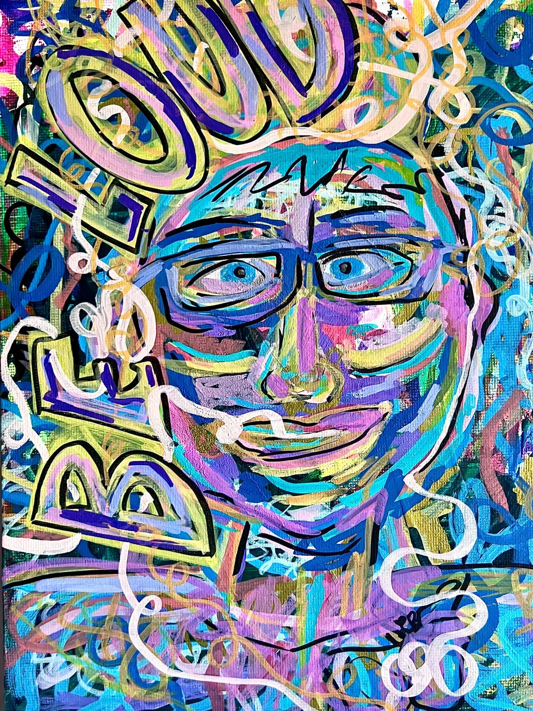 Abstract colorful artwork depicting a human face with large eyes, surrounded by various swirling and looping lines in vibrant hues of pink, blue, green, yellow, black, and white.