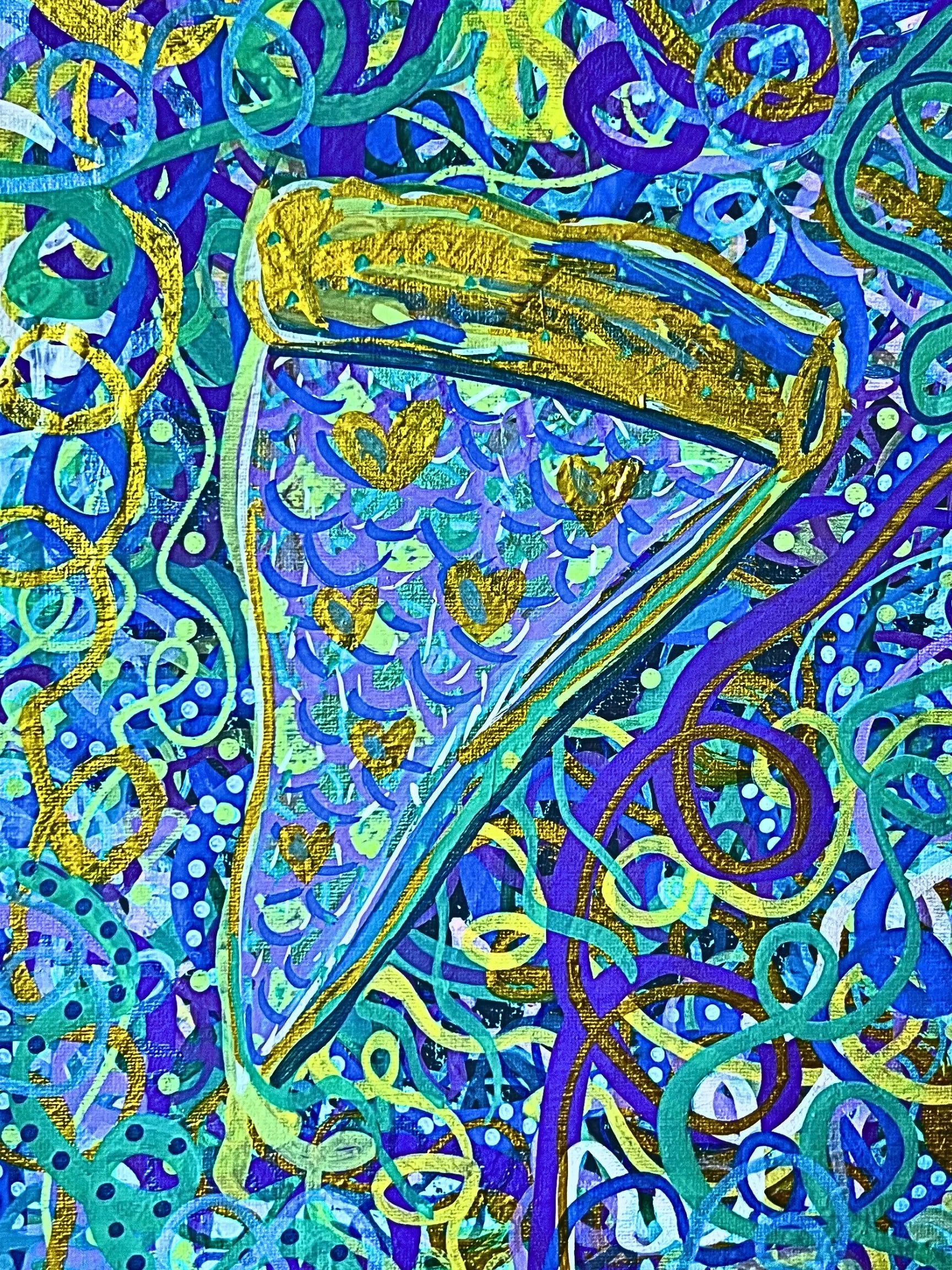 Abstract painting with vibrant swirls and loops in shades of blue, purple, green, yellow, and gold, with some heart shapes and dotted accents.