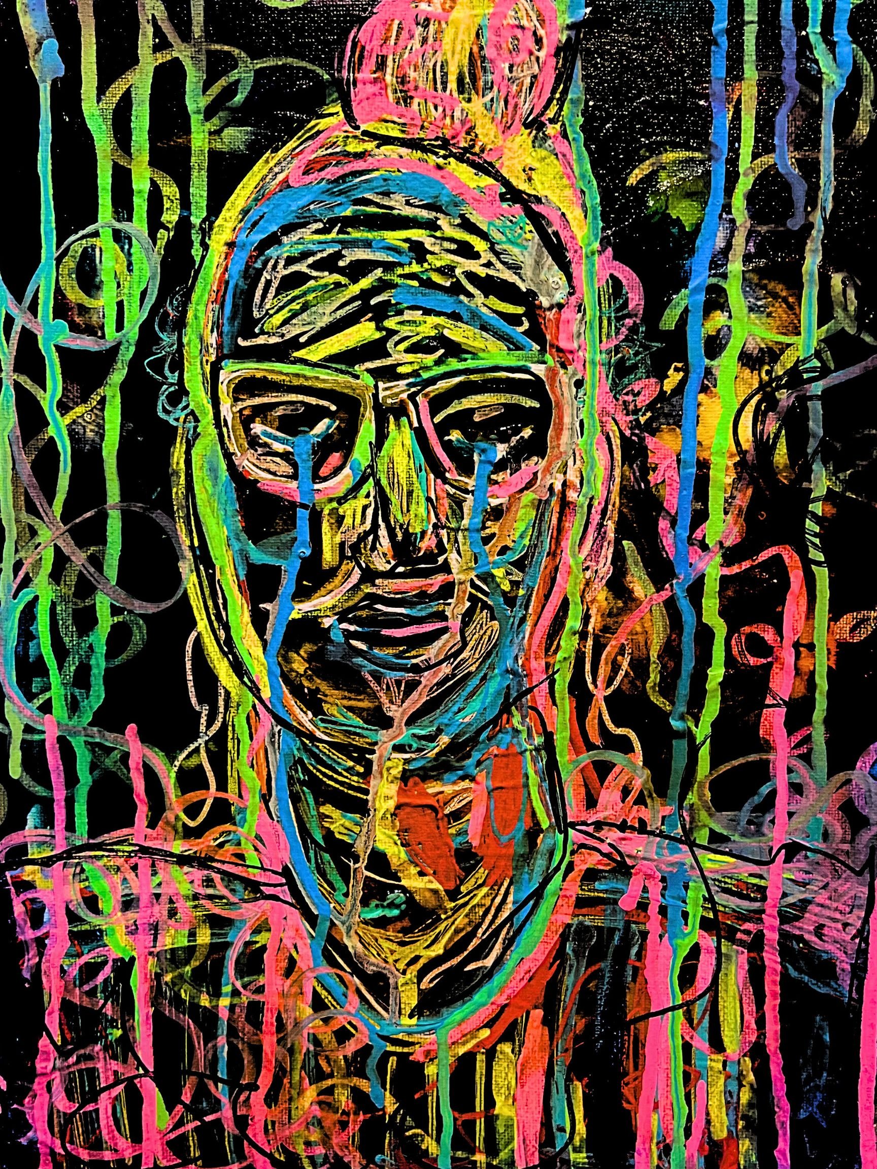 Neon-colored abstract portrait of a person's face with long hair, created with bright, dripping lines on a black background.