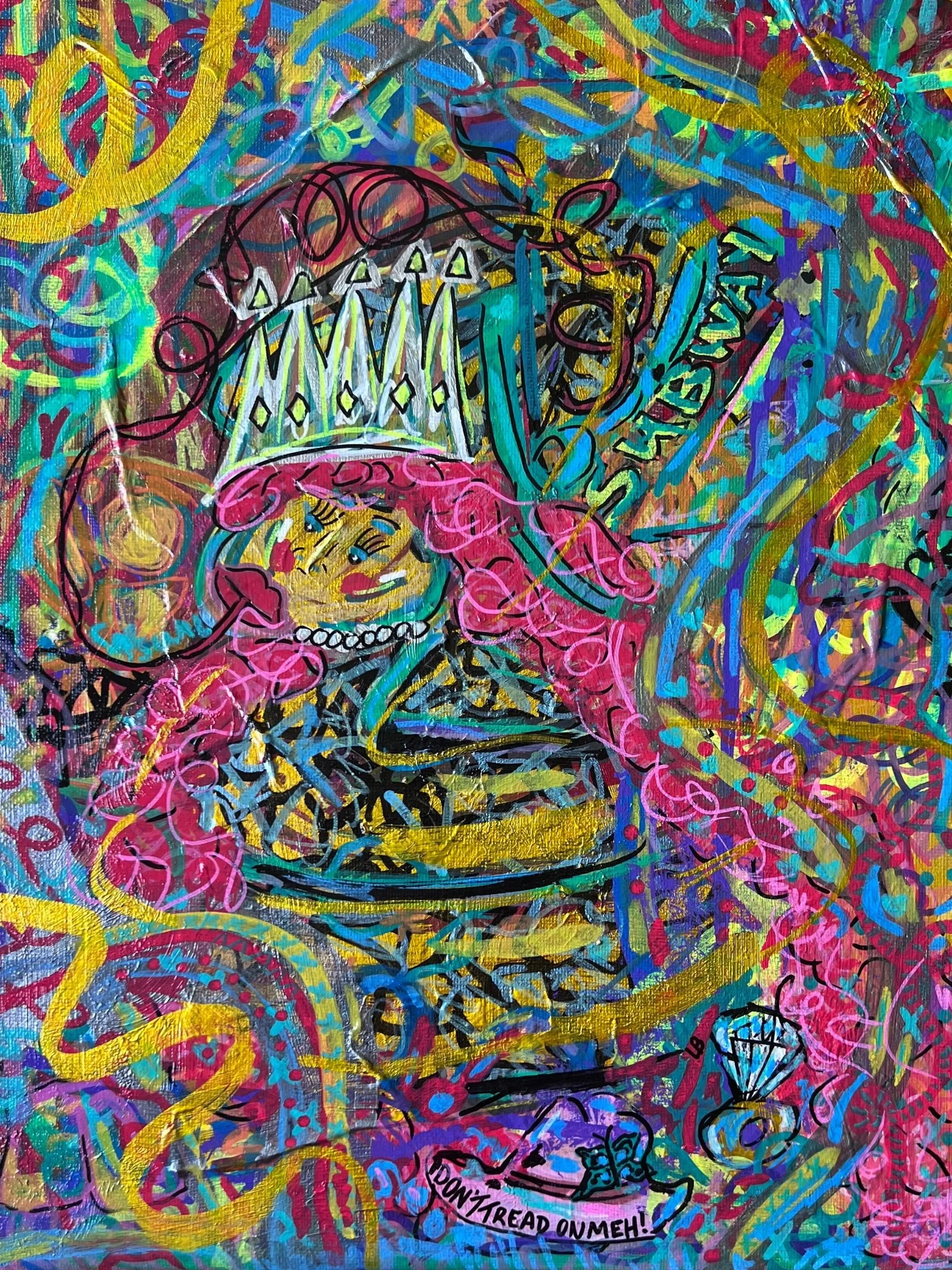 Colorful abstract artwork featuring a central drawing of a smiling girl with pink hair, a crown, and a speech bubble saying 'DON'T TREAD ON ME!' surrounded by vibrant, swirling patterns and scribbles in bright colors.