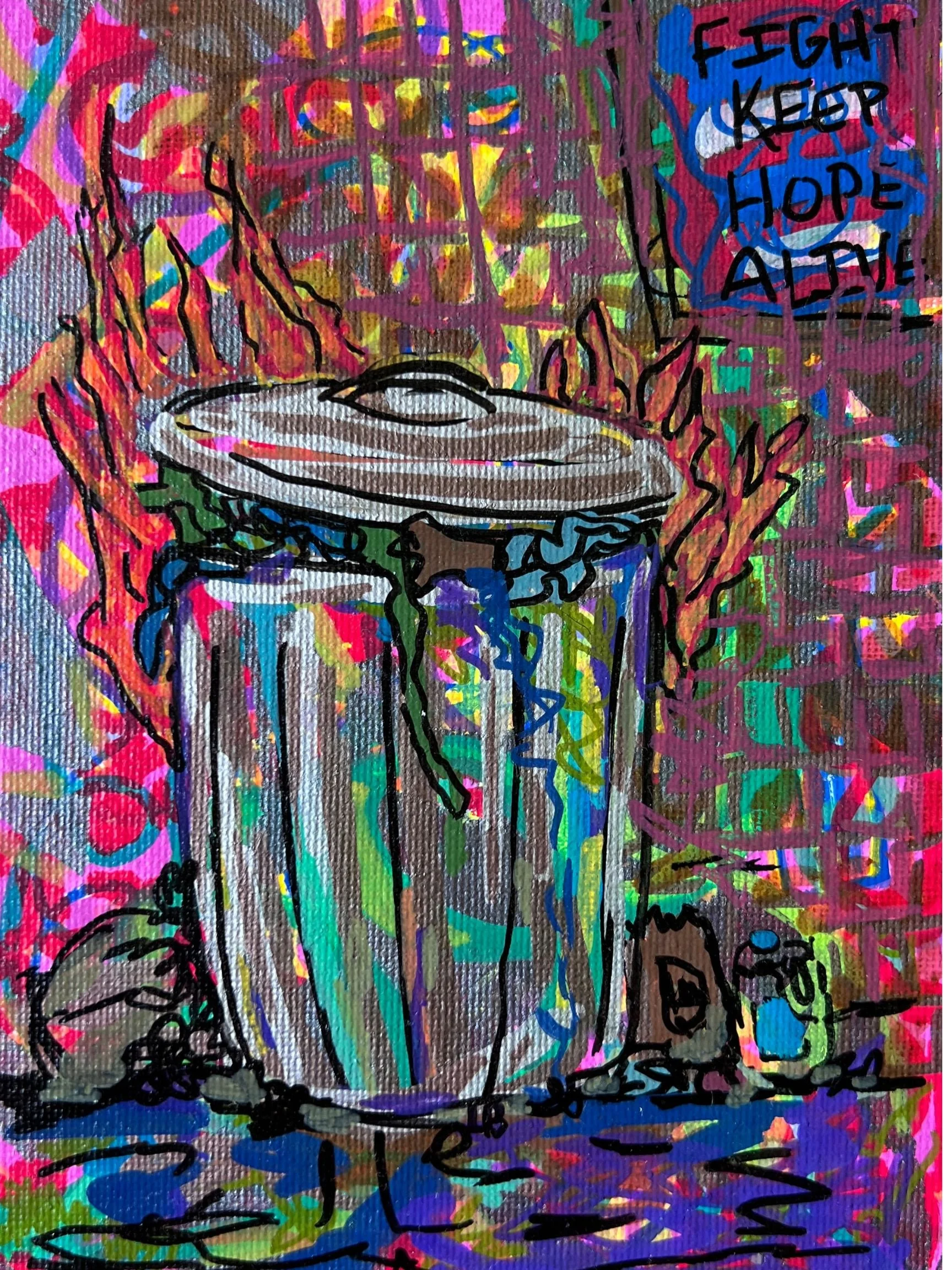 A colorful, abstract drawing of a cup with steam rising, surrounded by rainbow-colored graffiti with text saying 'Fight Keep Hope Alive' and various scribbles.