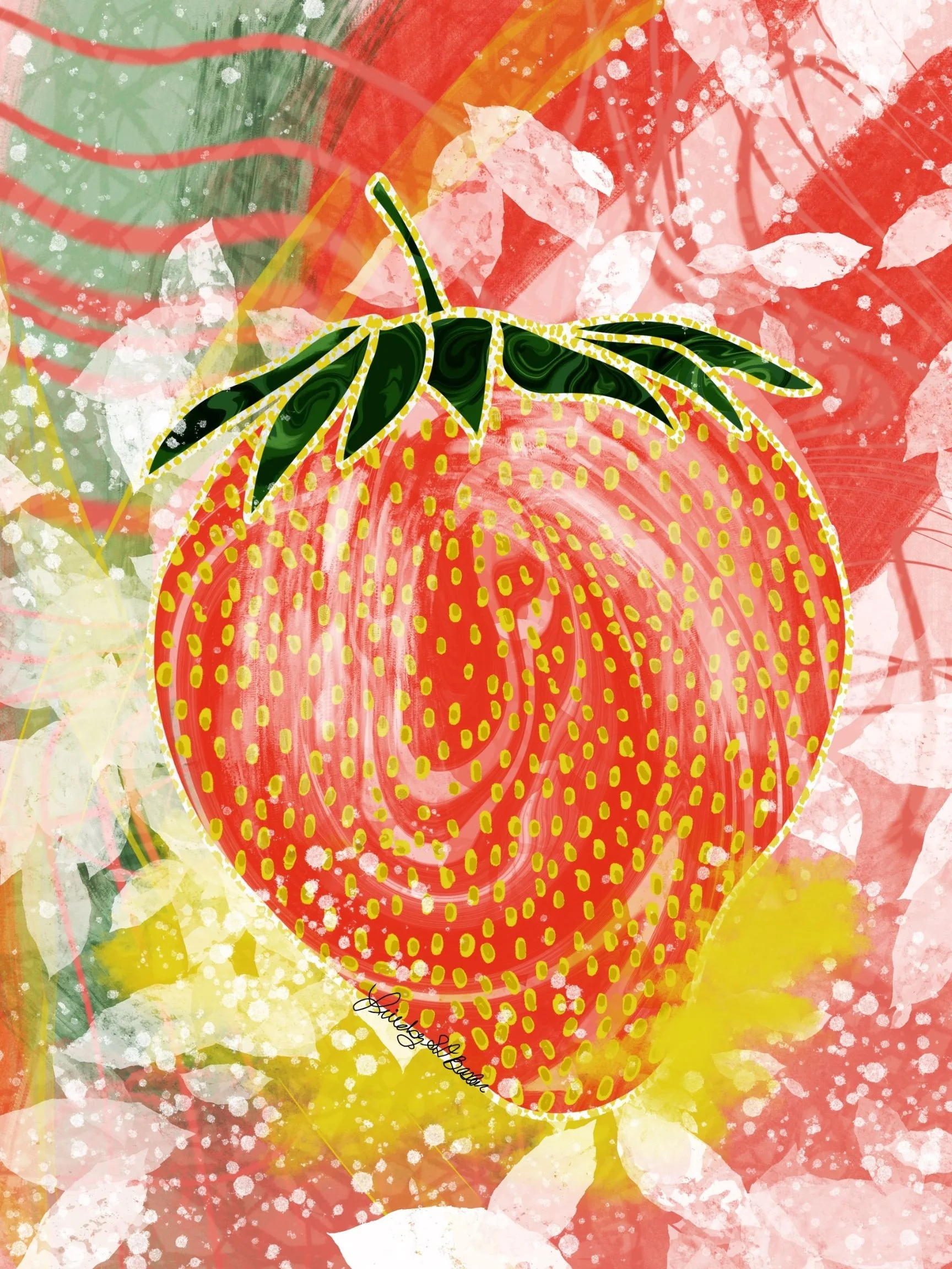 Abstract digital artwork featuring a stylized strawberry with yellow dots and green leaves, layered over a background of colorful leaves and textured patterns in red, yellow, green, and pink.