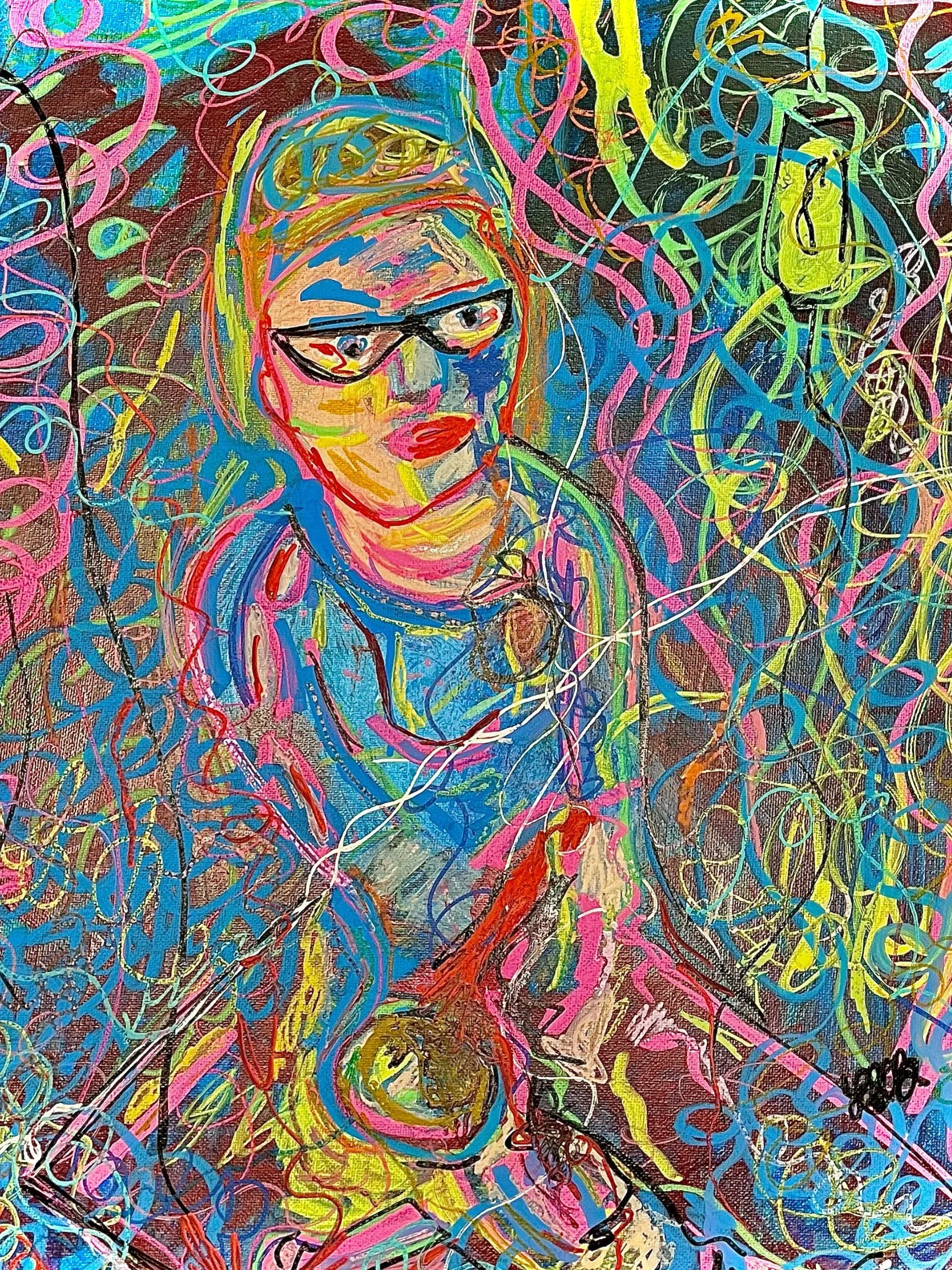 A colorful abstract painting of a woman with glasses surrounded by chaotic, swirling lines of bright colors.