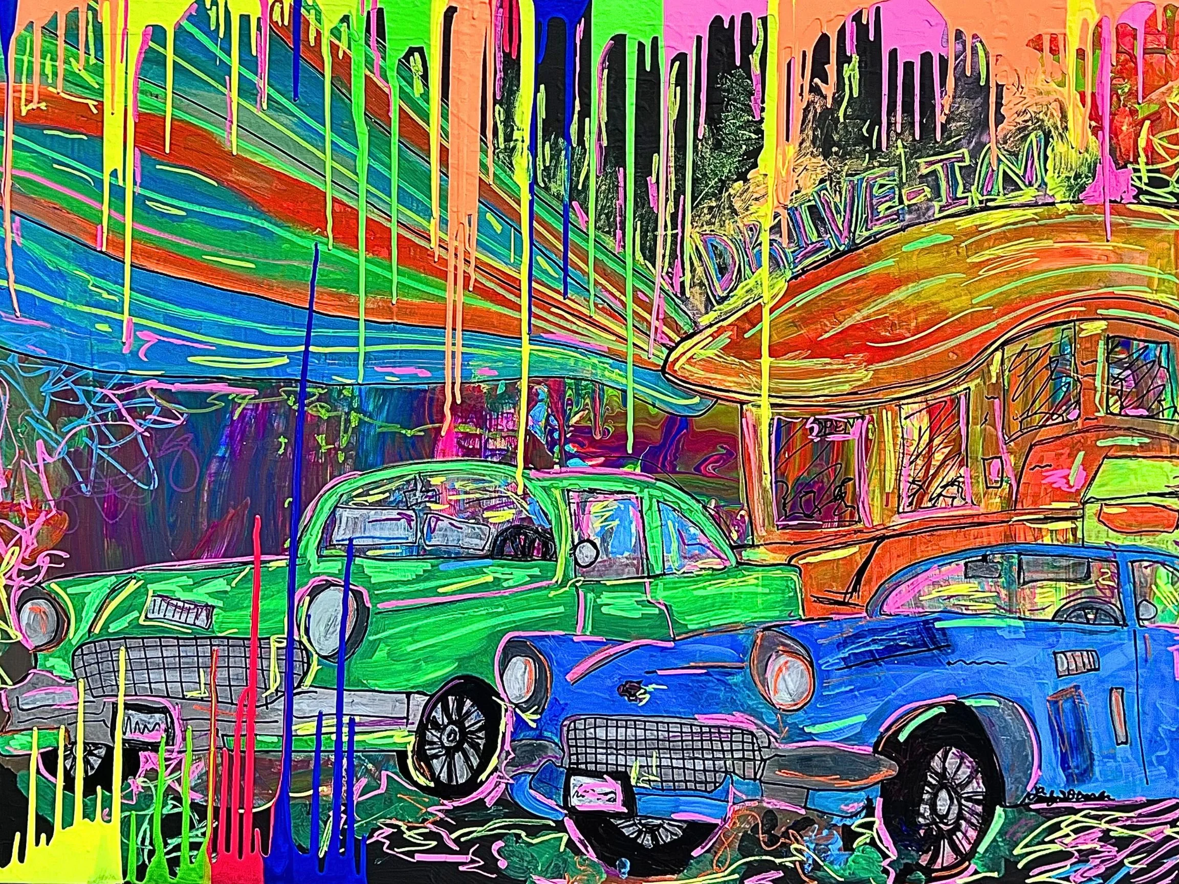 Neon-colored graffiti-style mural depicting various cars, building exteriors, and street elements with dripping paint and vibrant hues.