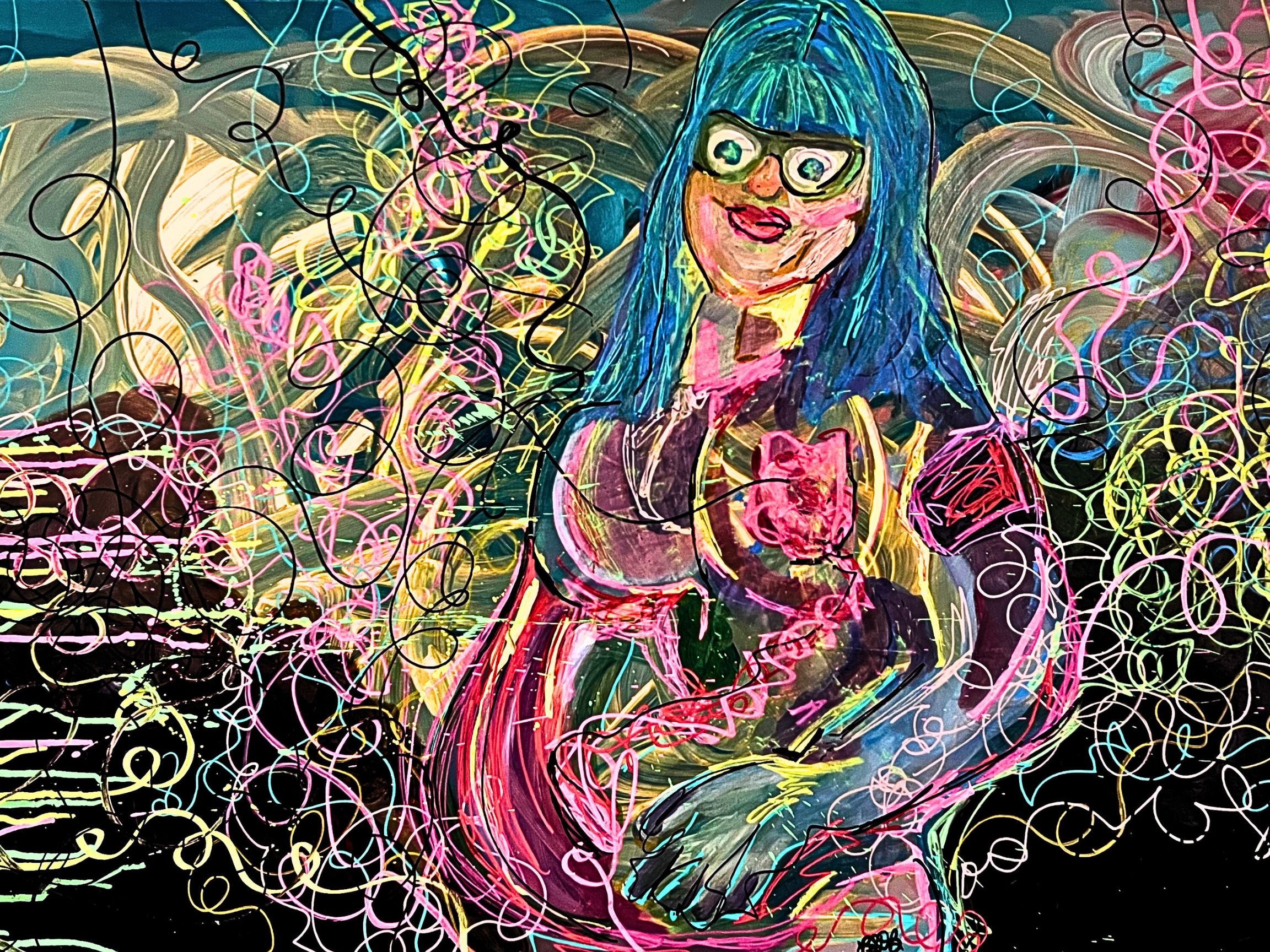 Colorful abstract artwork featuring a smiling woman with blue hair and glasses, surrounded by vibrant swirling lines and loops in various colors.