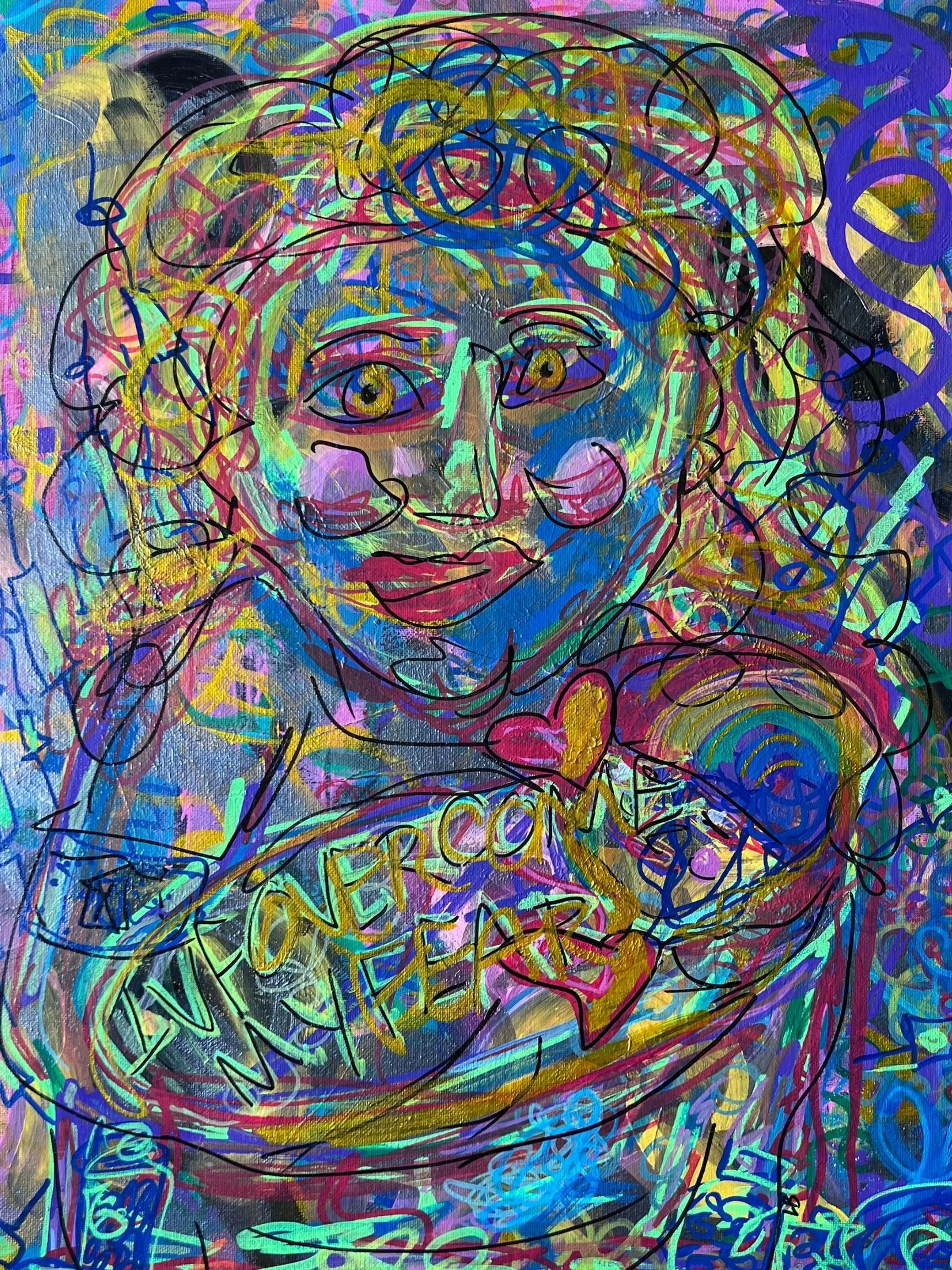 A vibrant, colorful abstract artwork featuring a woman's face drawn with black outlines. The background is filled with chaotic, multicolored scribbles and patterns, including phrases like 'GIRLCRAFT' and various doodles in bright, neon colors.