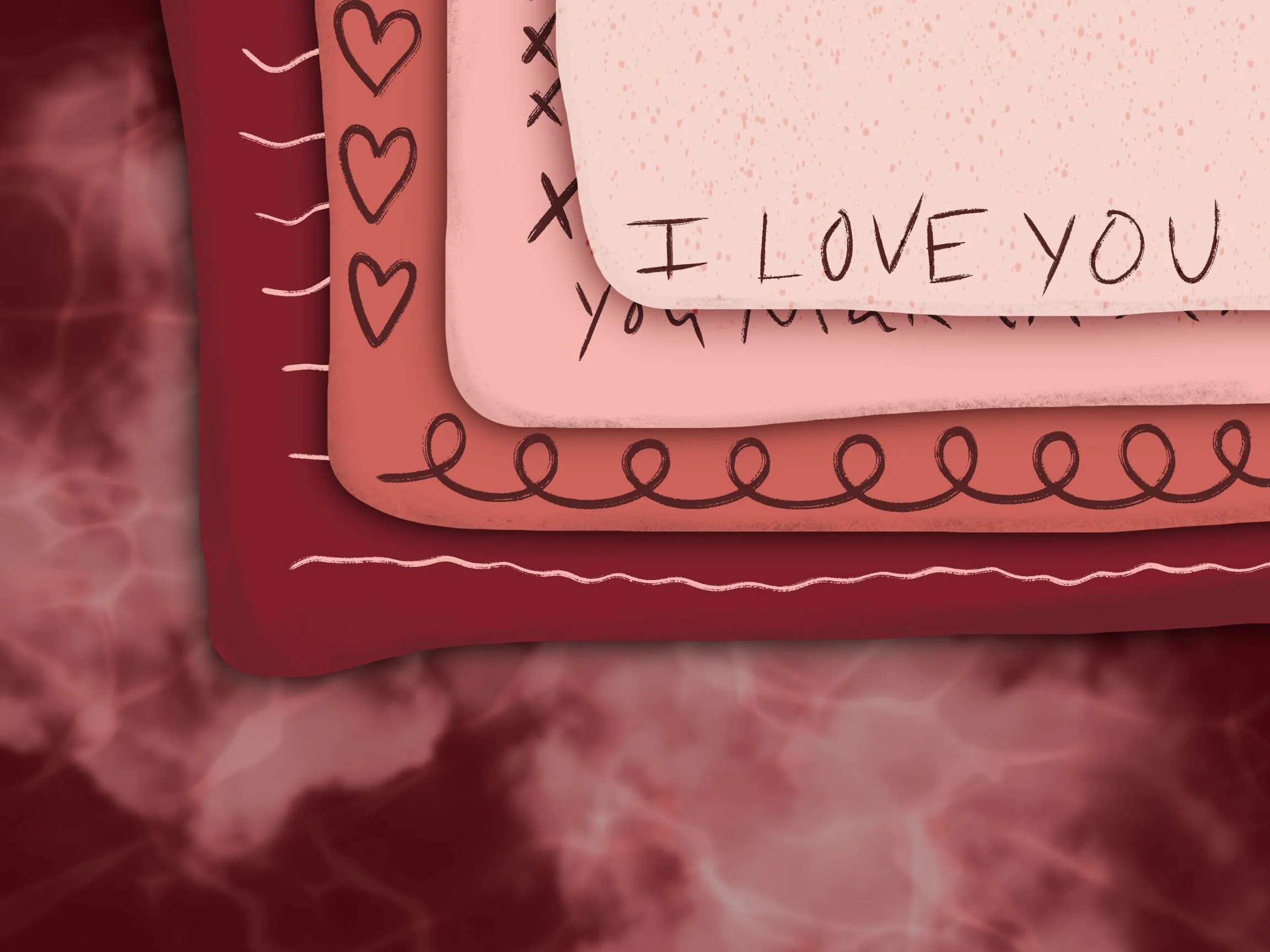 Close-up view of layered pink and red paper with handwritten messages and doodles, including hearts and the words "I LOVE YOU".
