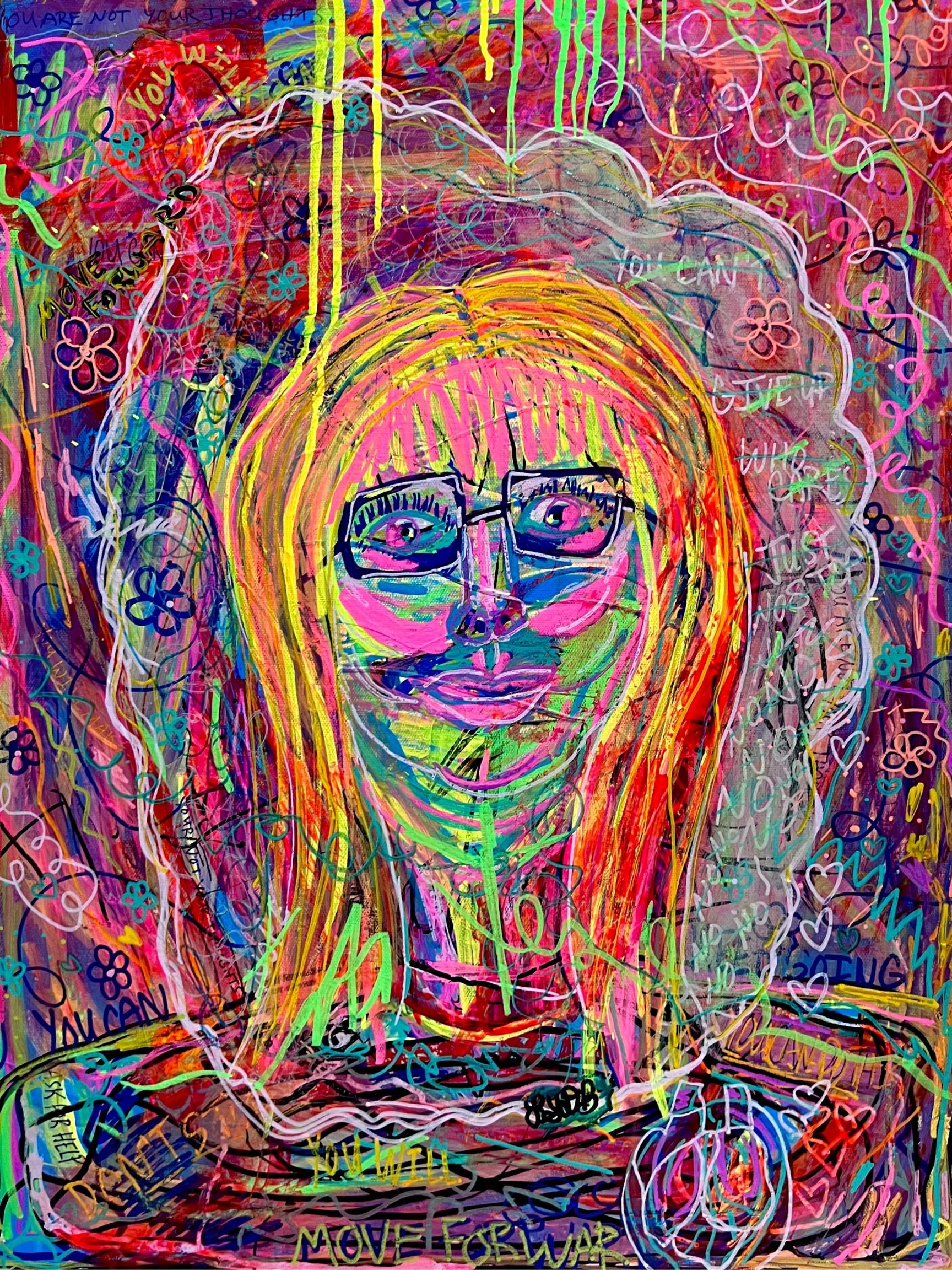 Colorful, abstract digital art depicting a face with glasses surrounded by graffiti-style scribbles, hearts, flowers, and various words like 'You can' and 'move forward', with vibrant neon colors and layered textures.