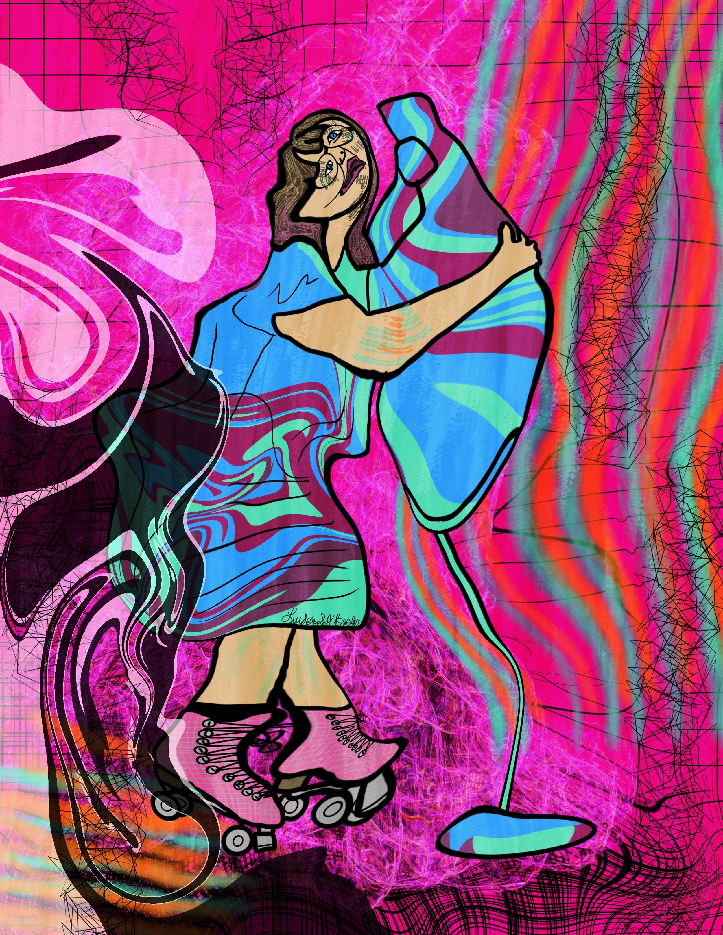 Digital artwork of a girl in roller skates wearing a blue and green striped dress, holding a purple ice cream cone, with a pink abstract background featuring geometric lines, colorful fluid streaks, and textured patterns.