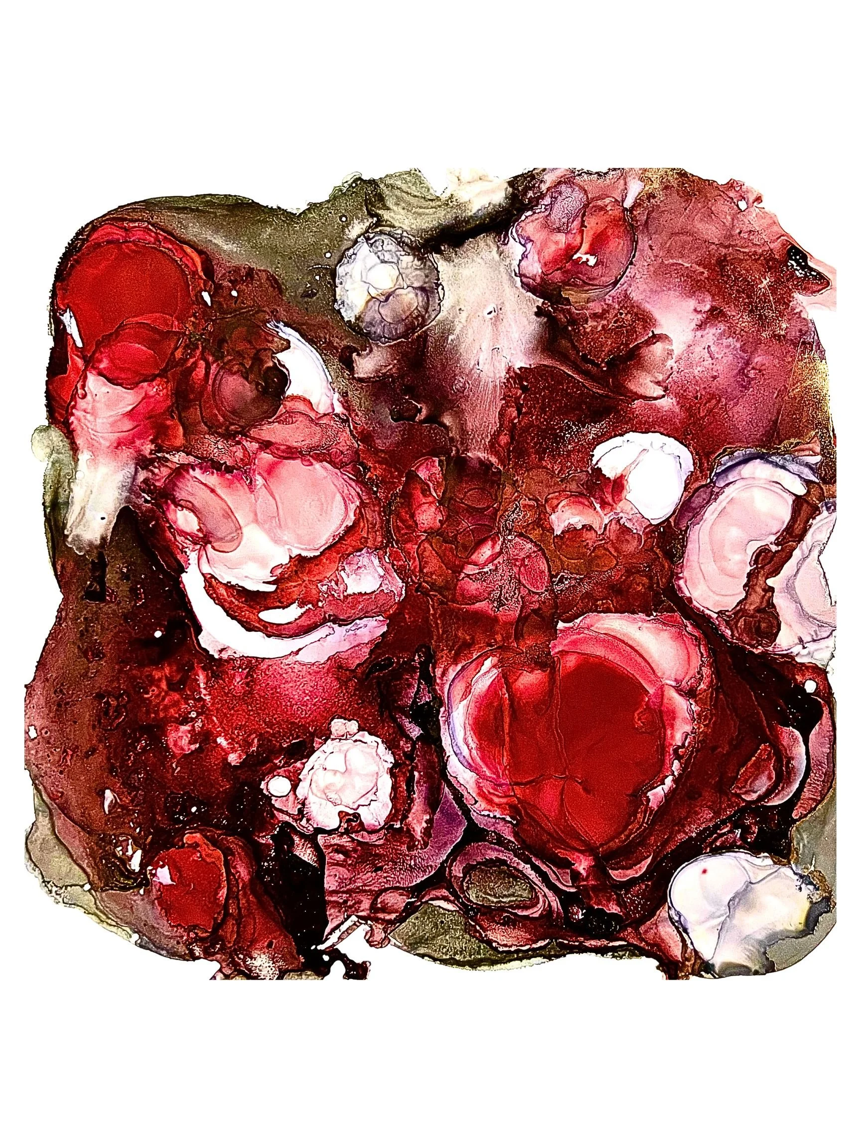 Abstract painting with red, pink, white, black, and greenish hues blending and swirling together.