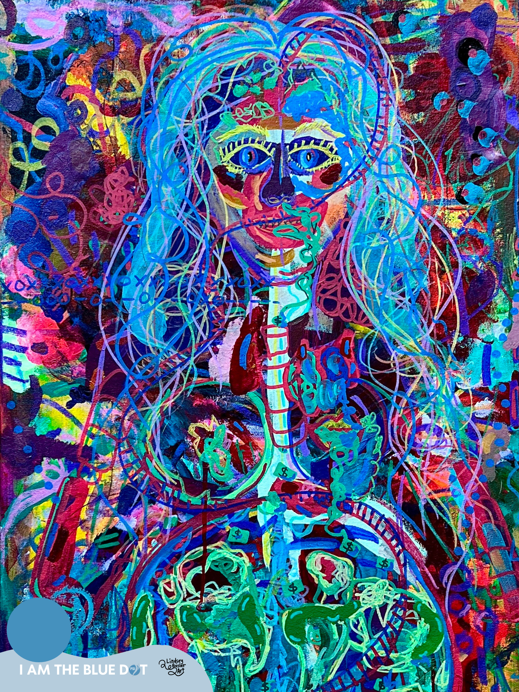 A vibrant, colorful abstract artwork featuring a central figure with long flowing hair, wide eyes, a smile, and multiple intertwined lines and shapes, including dollar signs, hearts, and spirals, all rendered in bright neon and pastel hues.
