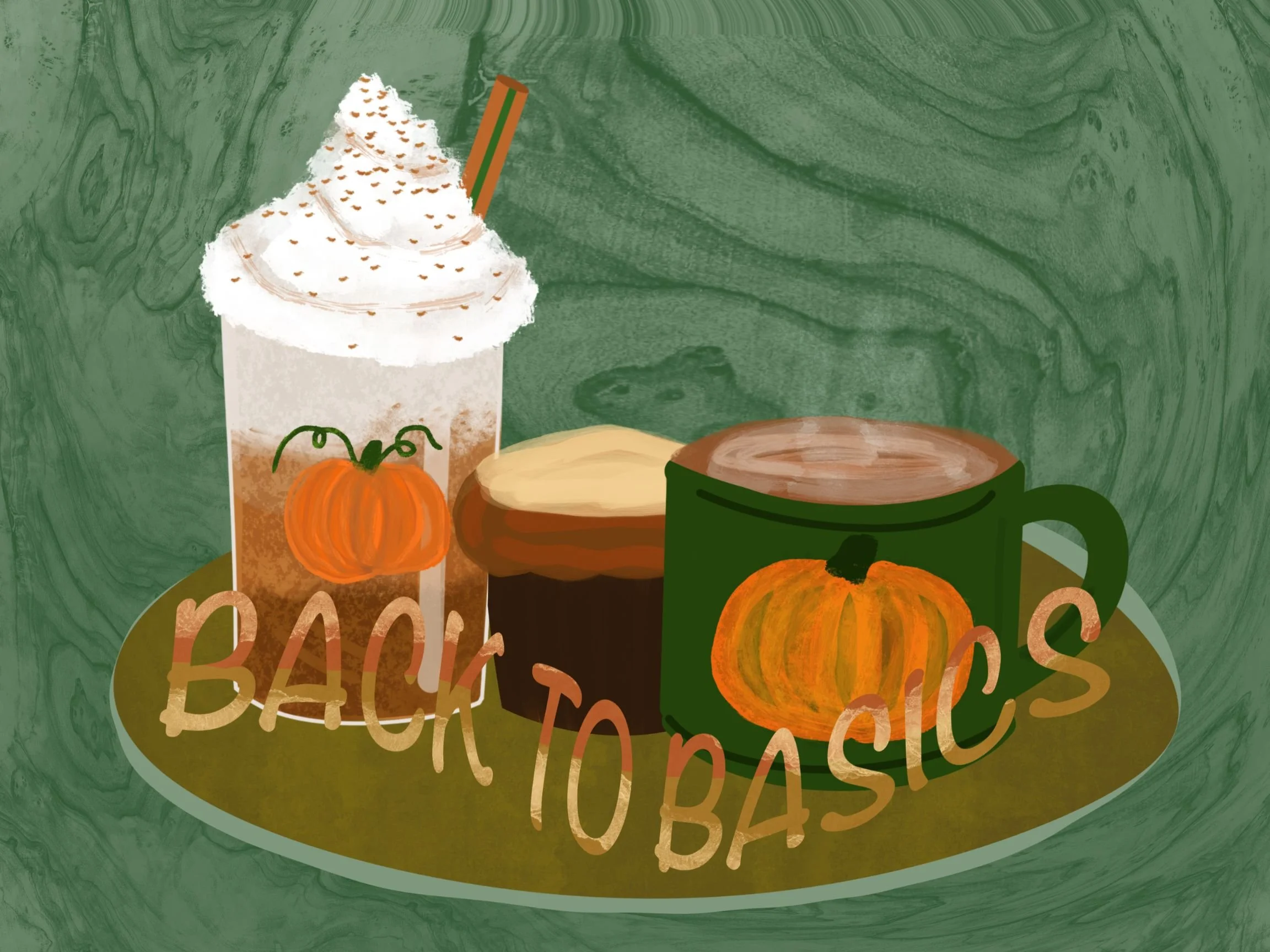 A festive table scene featuring a pumpkin spice latte with whipped cream and chocolate sprinkles, surrounded by small pumpkins, a green mug, and a wooden slice, with a green wooden background.