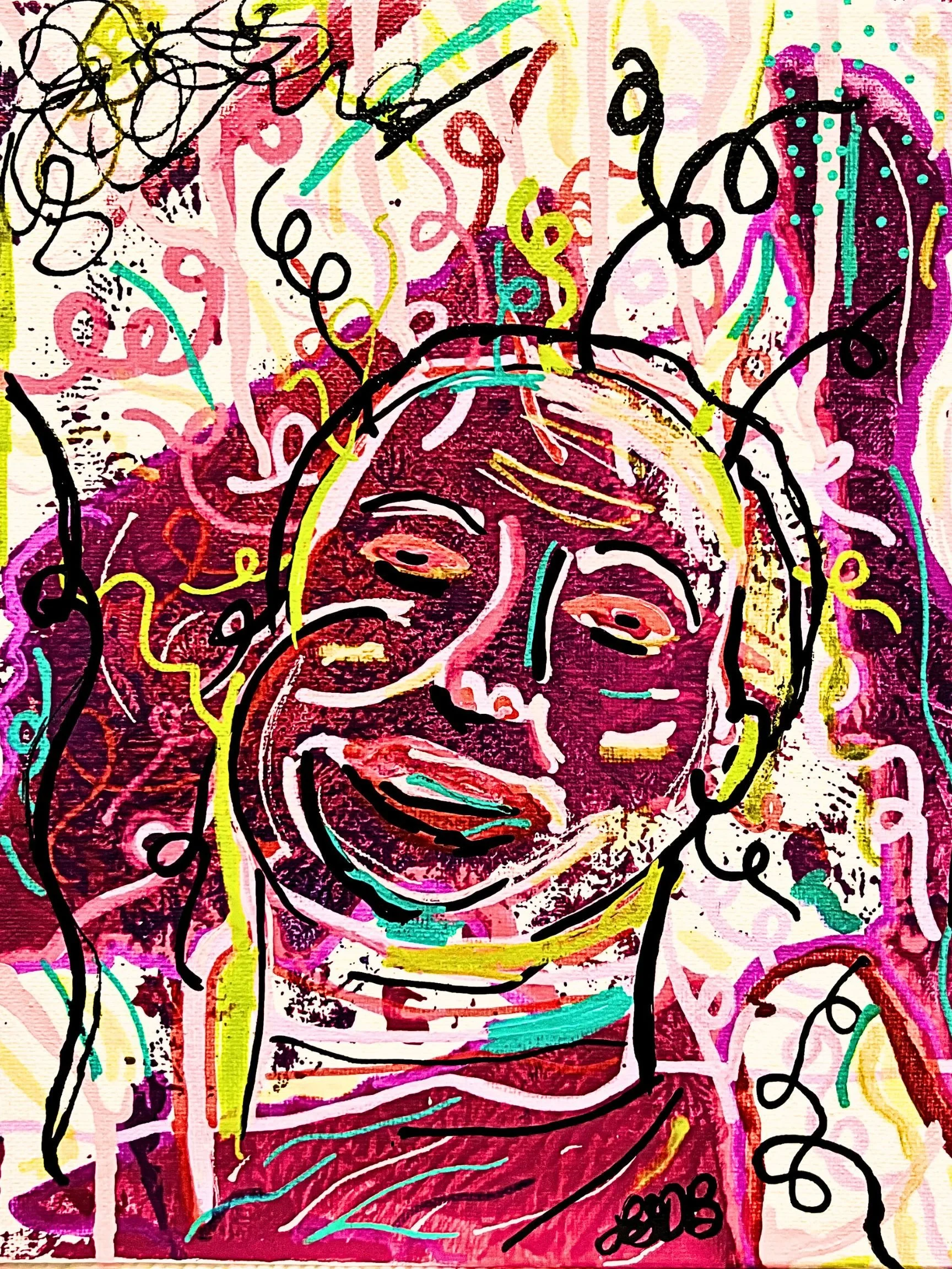 Abstract colorful drawing with lines and shapes, featuring a partial human face in the center, surrounded by scribbles, dots, and various colors including pink, yellow, red, black, and teal.