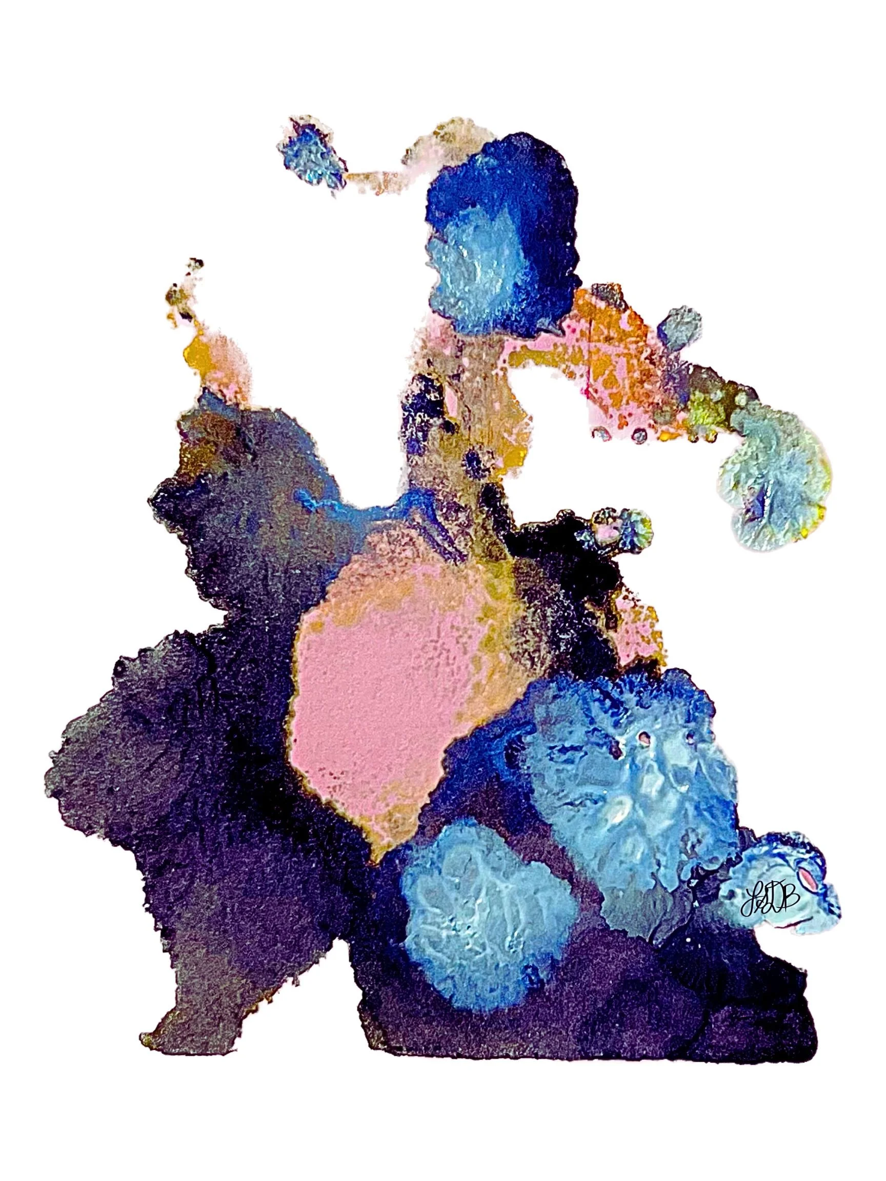 Abstract watercolor painting of a dog, featuring blue, pink, black, and yellow colors.