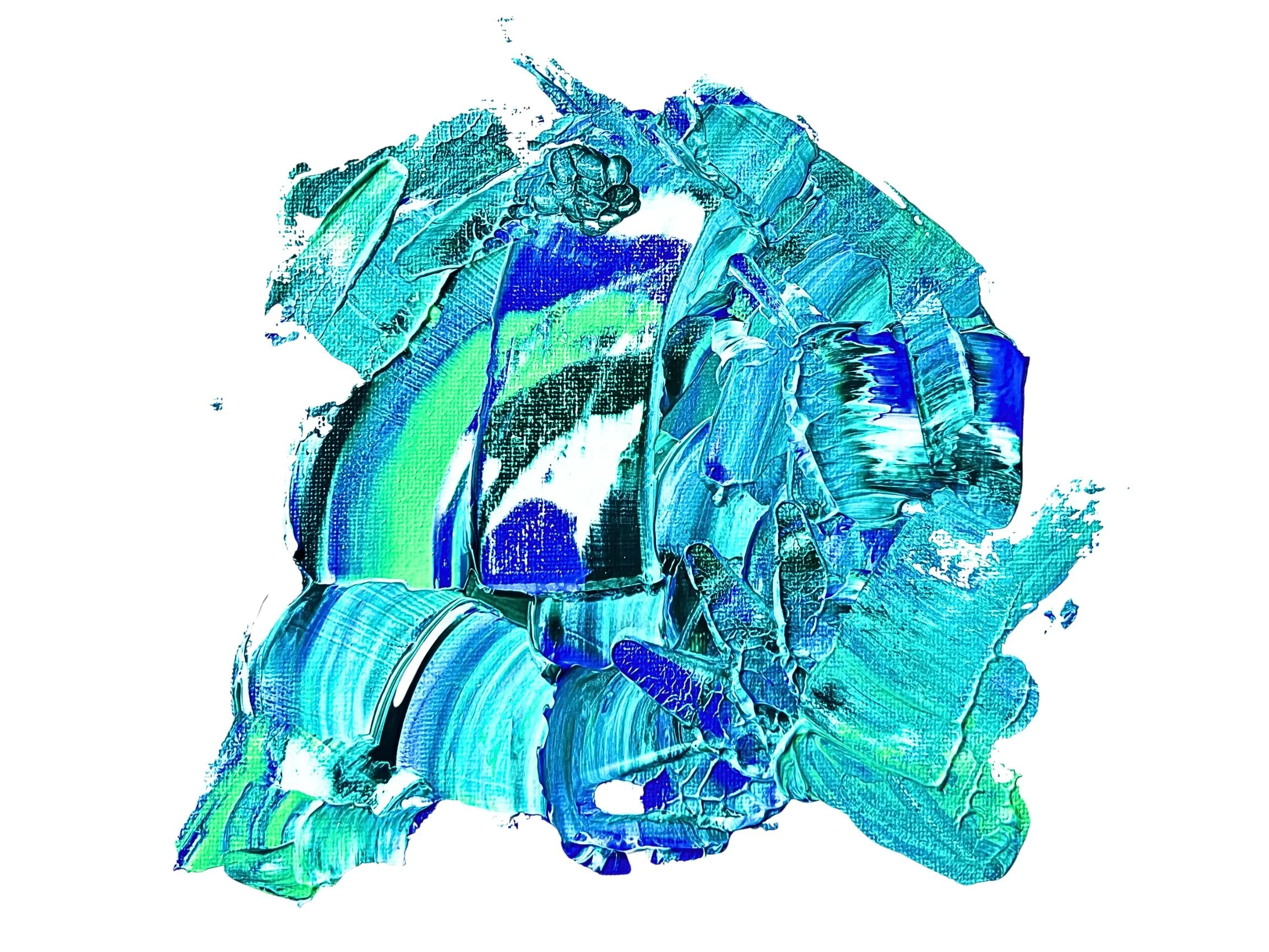Abstract painting with blue, green, and turquoise brushstrokes on a white background.