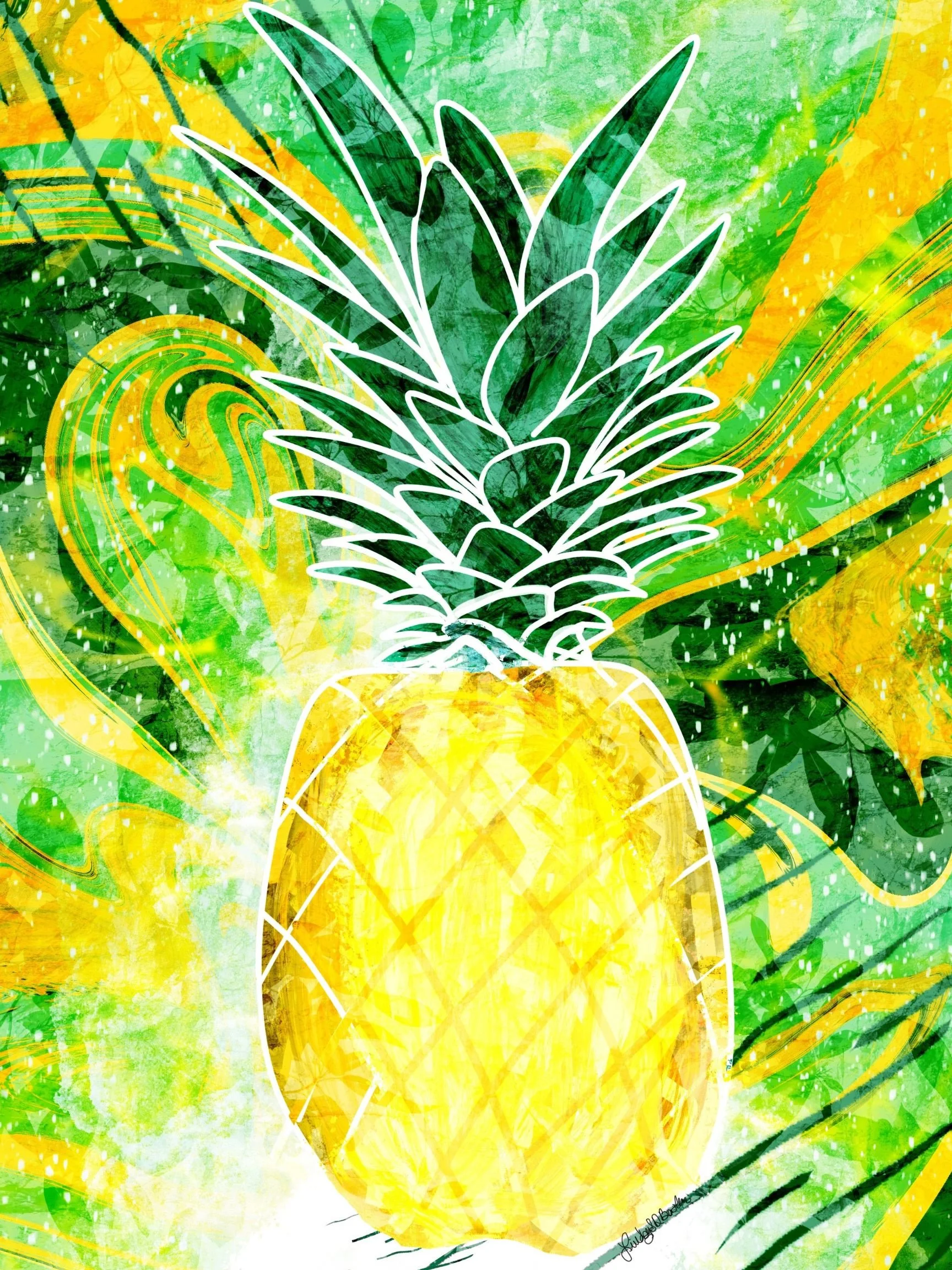 A colorful, abstract digital artwork featuring a stylized pineapple outline with a vibrant background of green, yellow, and orange hues. The background includes swirling patterns, splatters, and layered textures
