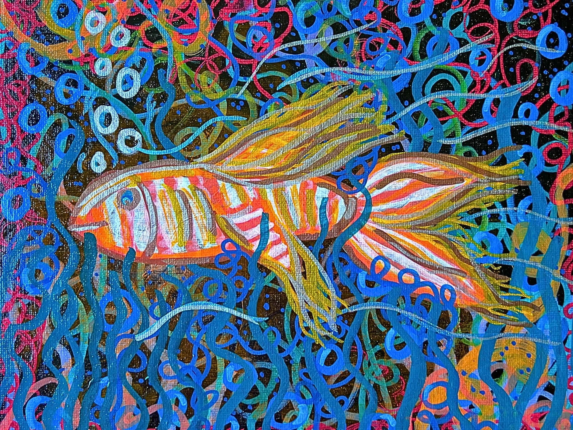Colorful abstract artwork with swirling scribbles and lines in blue, pink, yellow, green, and black.