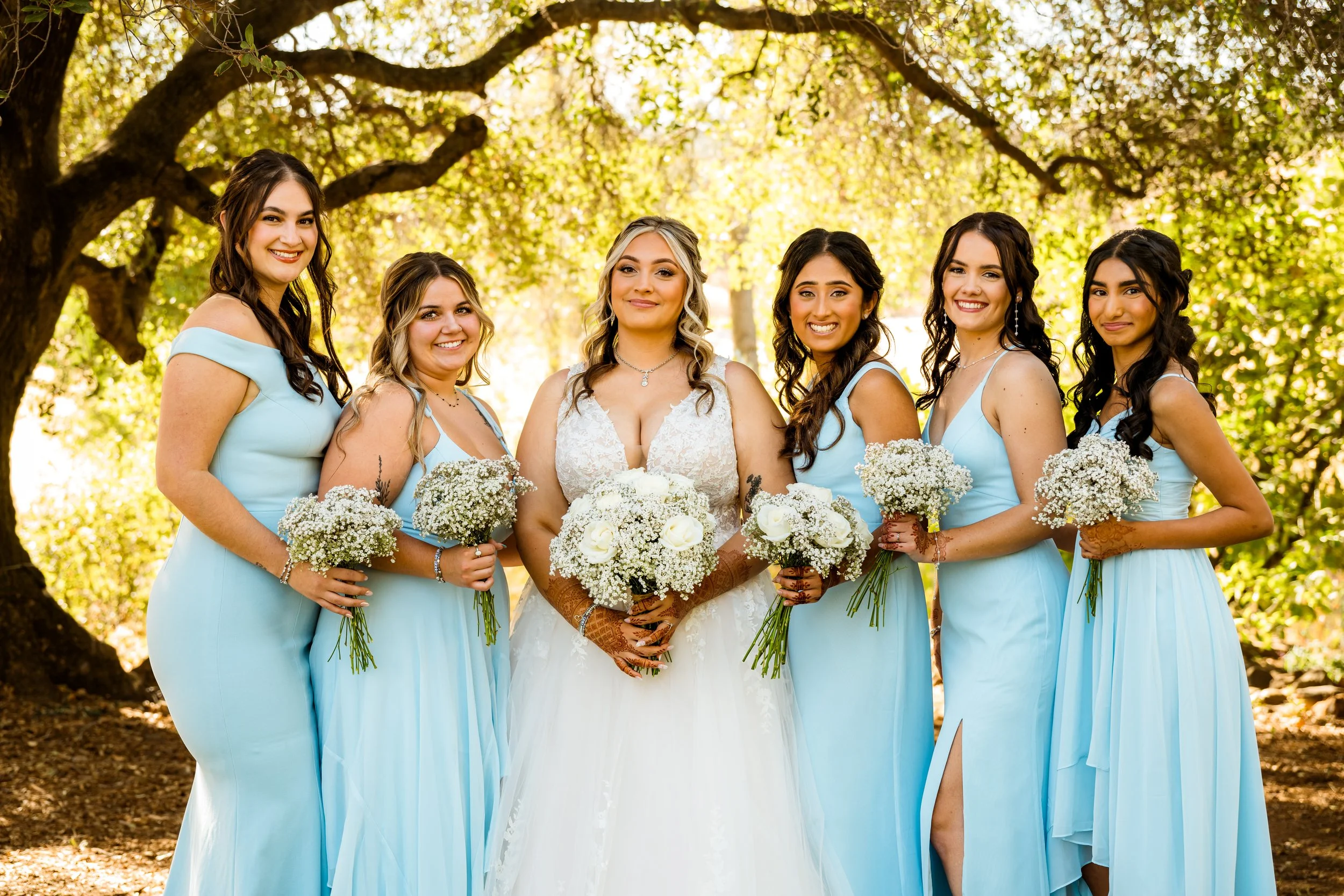 A bride surrounded by six bridesmaids holding bouquets, outdoors under a large tree with green leaves, in a bright, sunny setting.