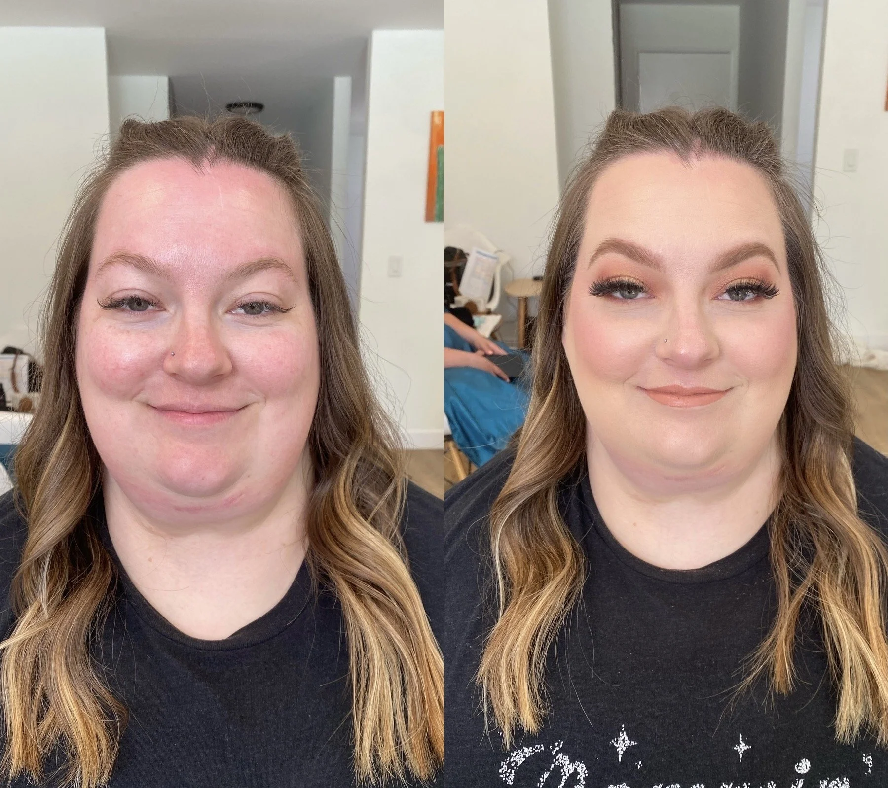 Side-by-side comparison of a woman before and after makeup application. The woman has long, wavy hair and is wearing a black shirt. In the before photo, she has a natural look with no makeup. In the after photo, she is wearing eye makeup, blush, and
