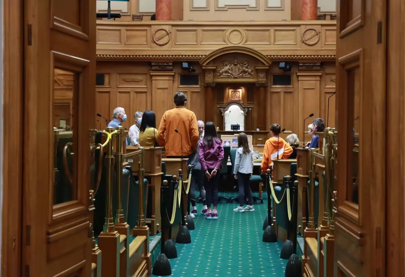Group of visitors touring a grand parliamentary chamber with wooden interiors and green carpet flooring.