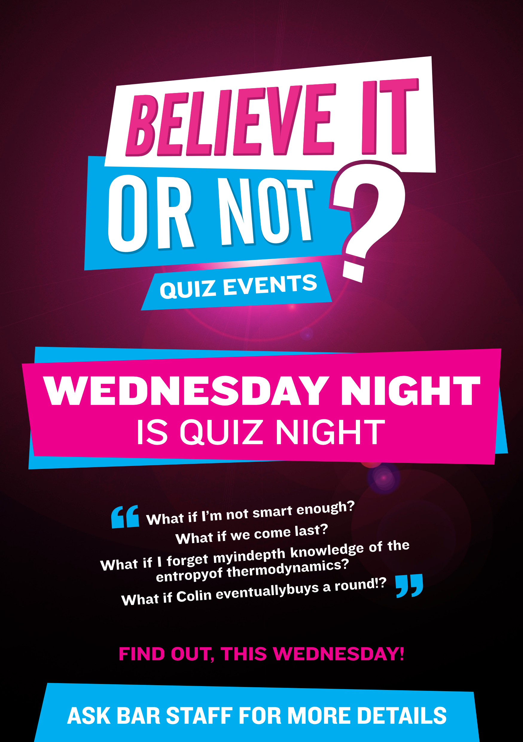 A poster indicating that Wednesday Night is Quiz Night at Frankie’s Bar + Eatery