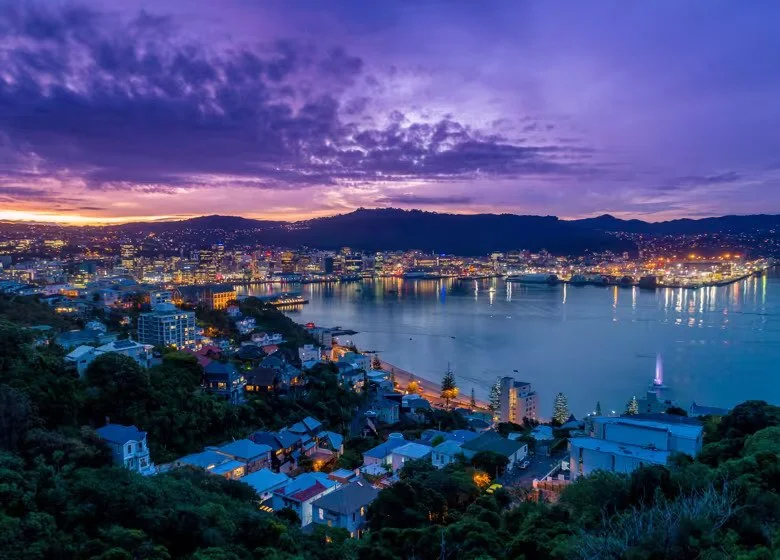 Scenic view of a coastal city at dusk with purple skies reflecting over the harbour and city lights glowing.