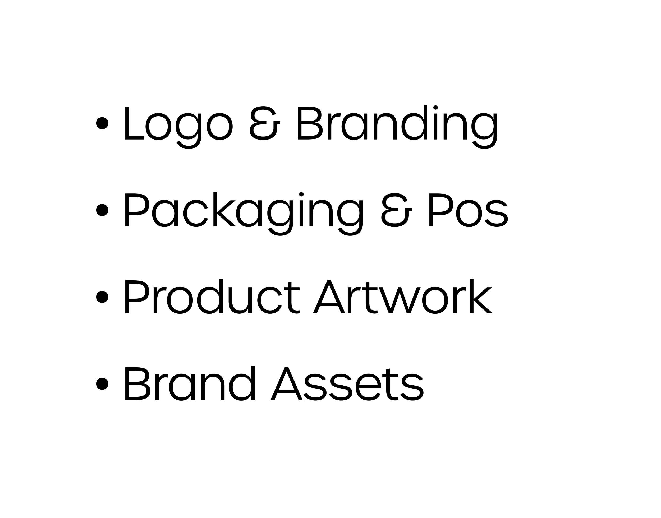 Slide with bullet points listing services: Logo & Branding, Packaging & Pos, Product Artwork, Brand Assets