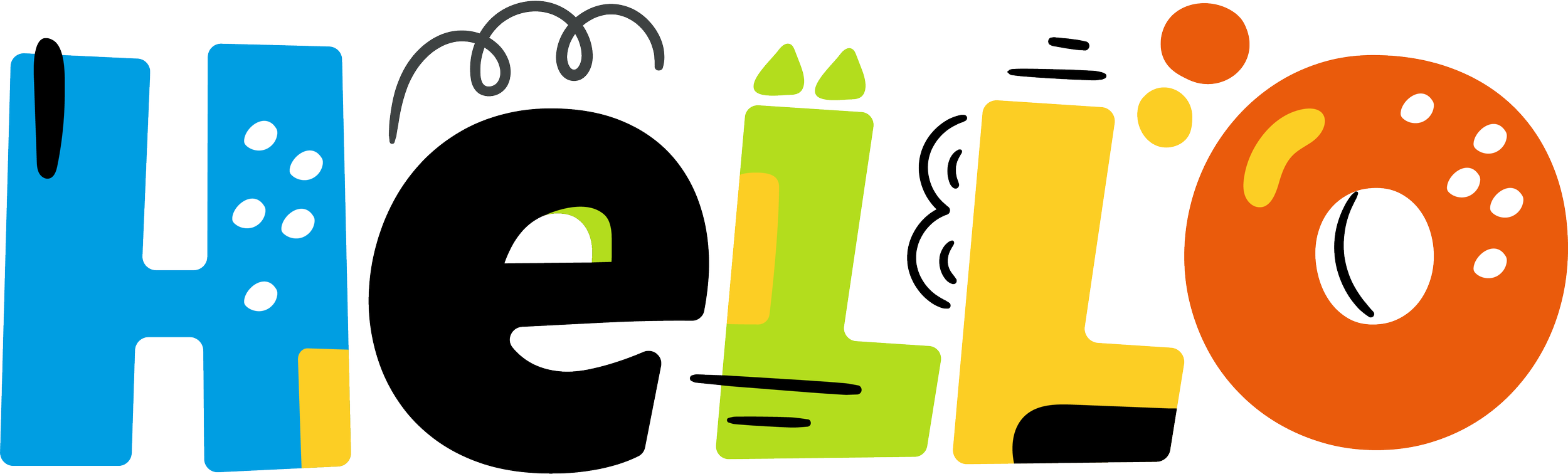 Colorful, abstract typography spelling 'Hello' with various shapes and designs.