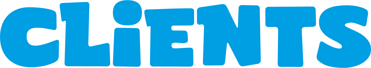 Blue text spelling out 'CLIENTS' in a playful, rounded font.