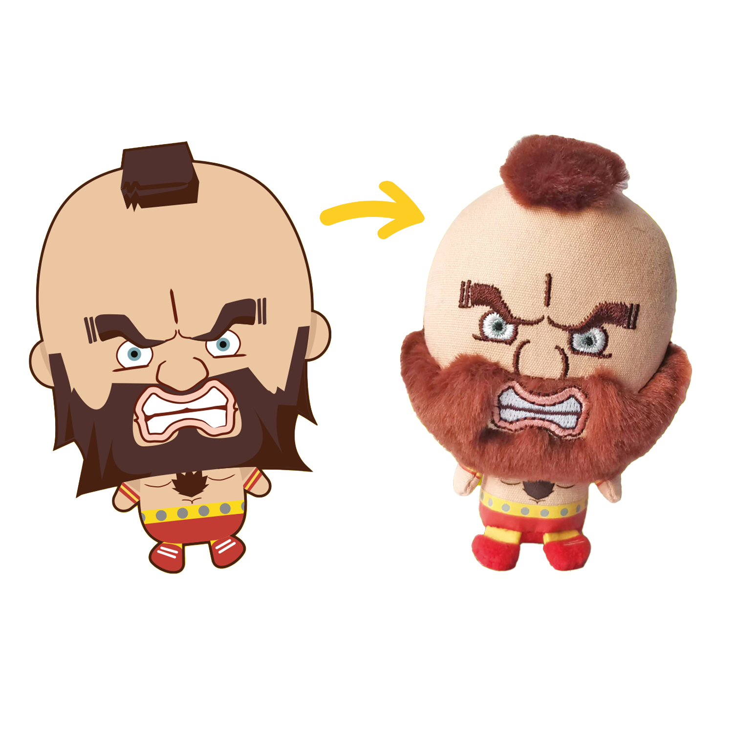 A drawing of a toy plush character and the physical manufactured version of the same character from the Street Fighter brand. Showing concept to production.