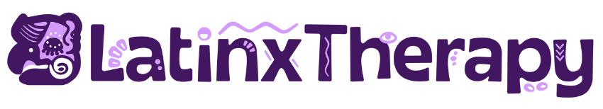 Logo for Latinx Therapy featuring a stylized purple brain with decorative elements.